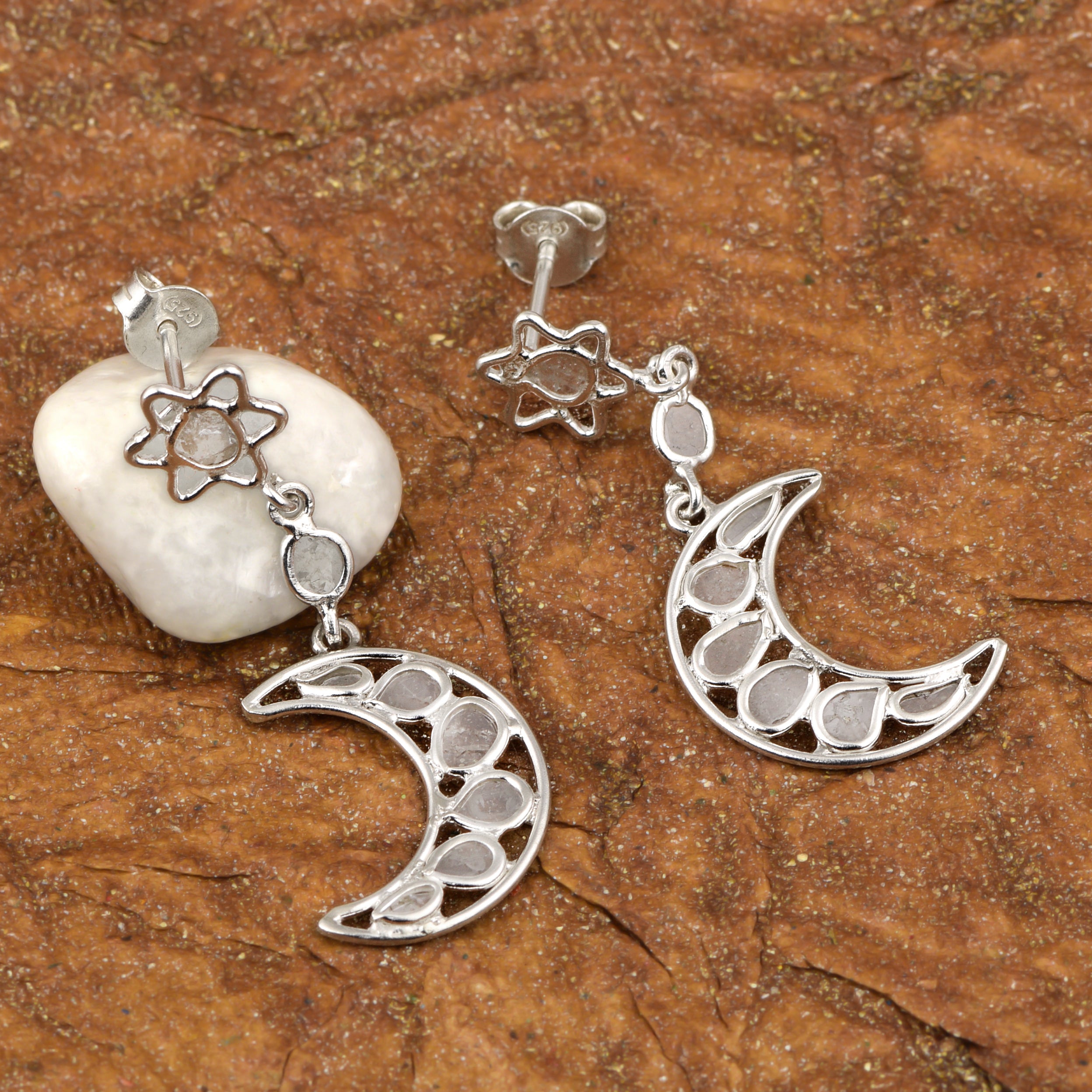 0.75 CTW Diamond Polki Moon Star Dangle Earrings