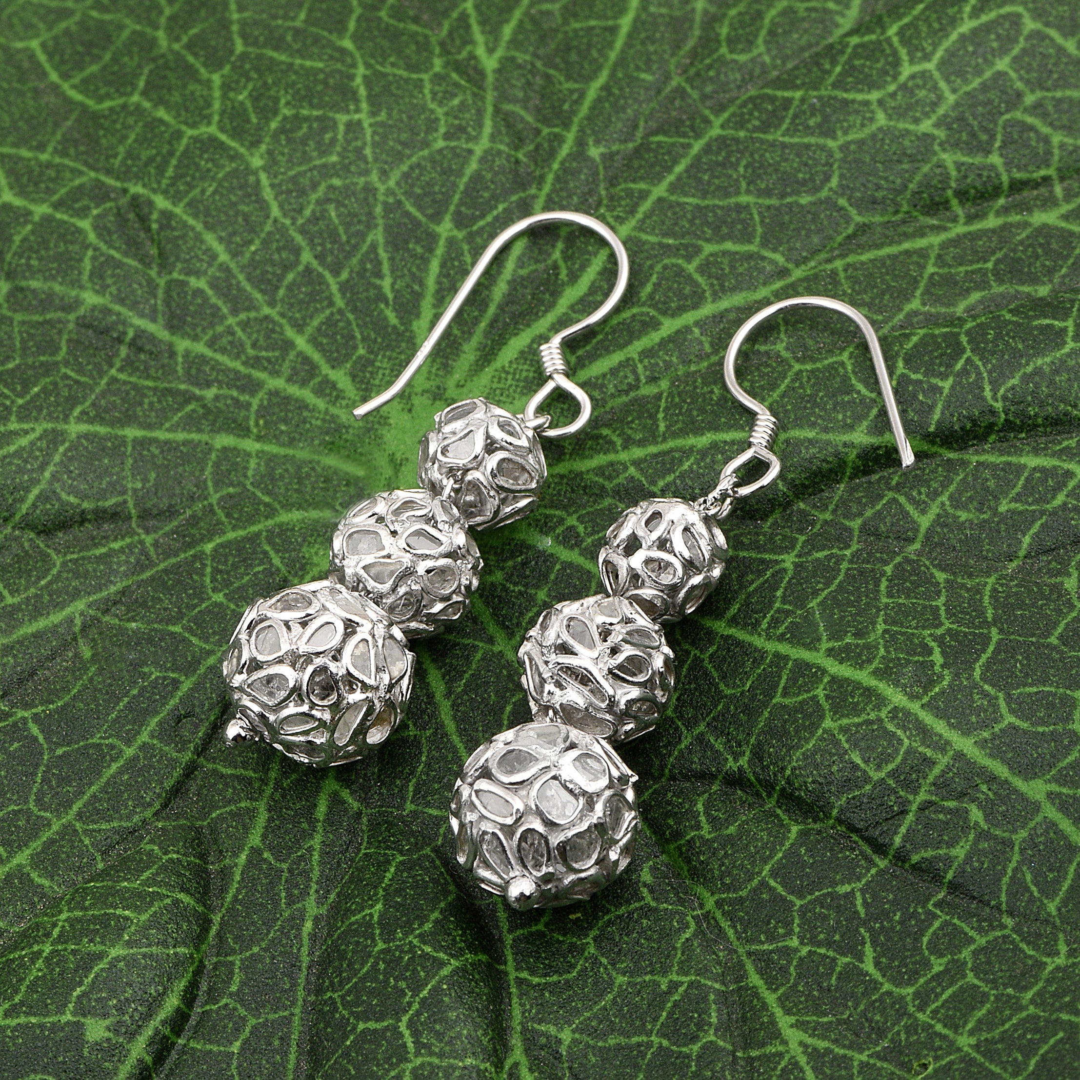 1.50 CTW Diamond Polki Beaded Dangle Earrings