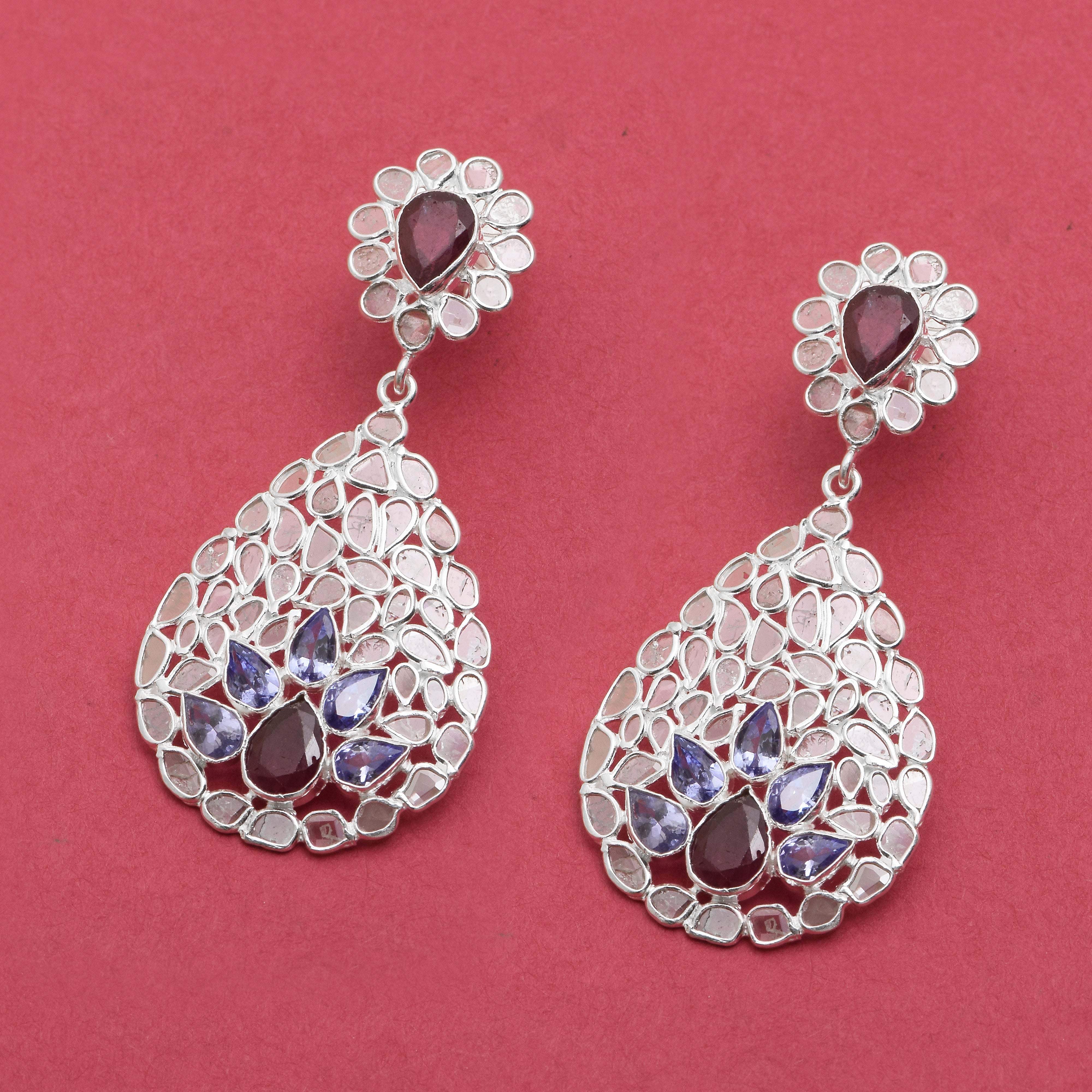 6 CTW Diamond Polki Tanzanite Ruby Floral Dangle Earrings