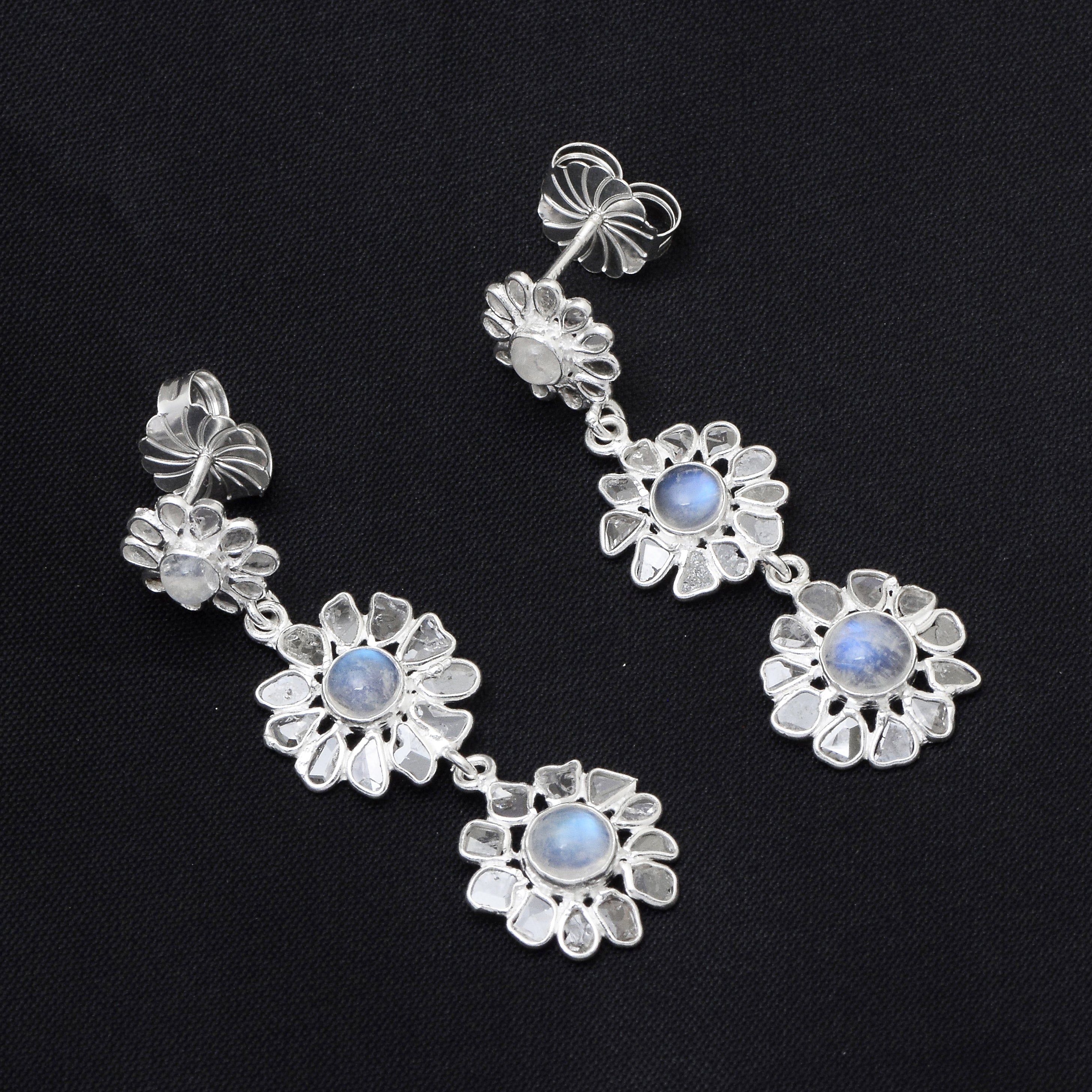 3 CTW Diamond Polki Moonstone Chain Earrings