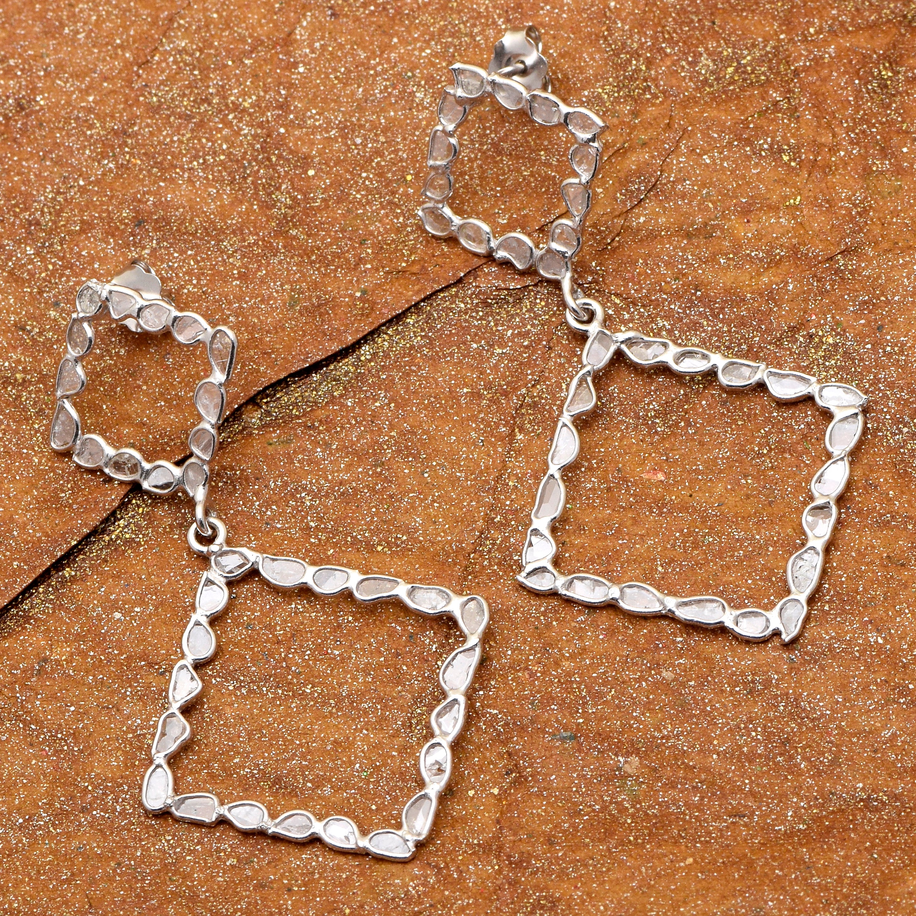 2.85 CTW Diamond Polki Square Dangle Earrings