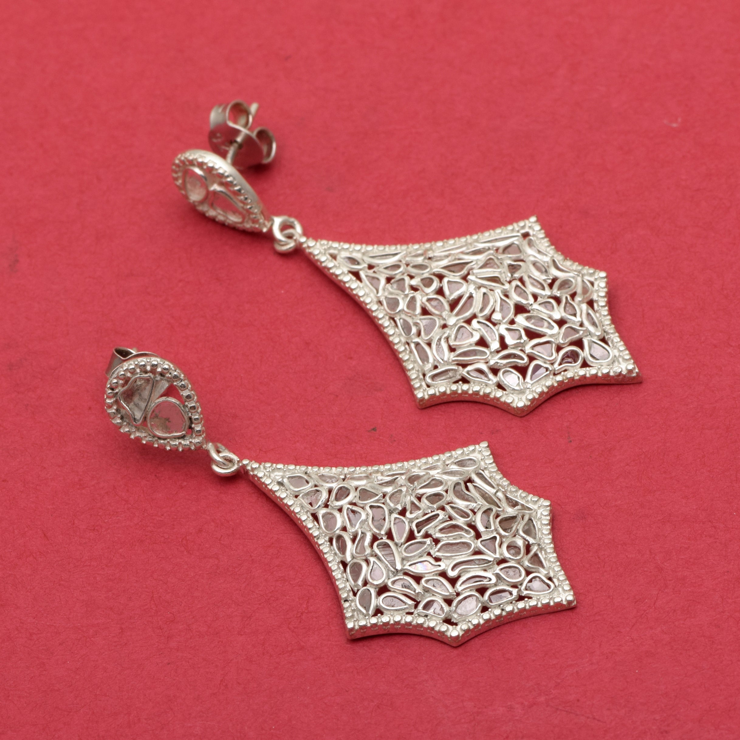 2.25 CTW Diamond Polki Spider Web Dangle Earrings