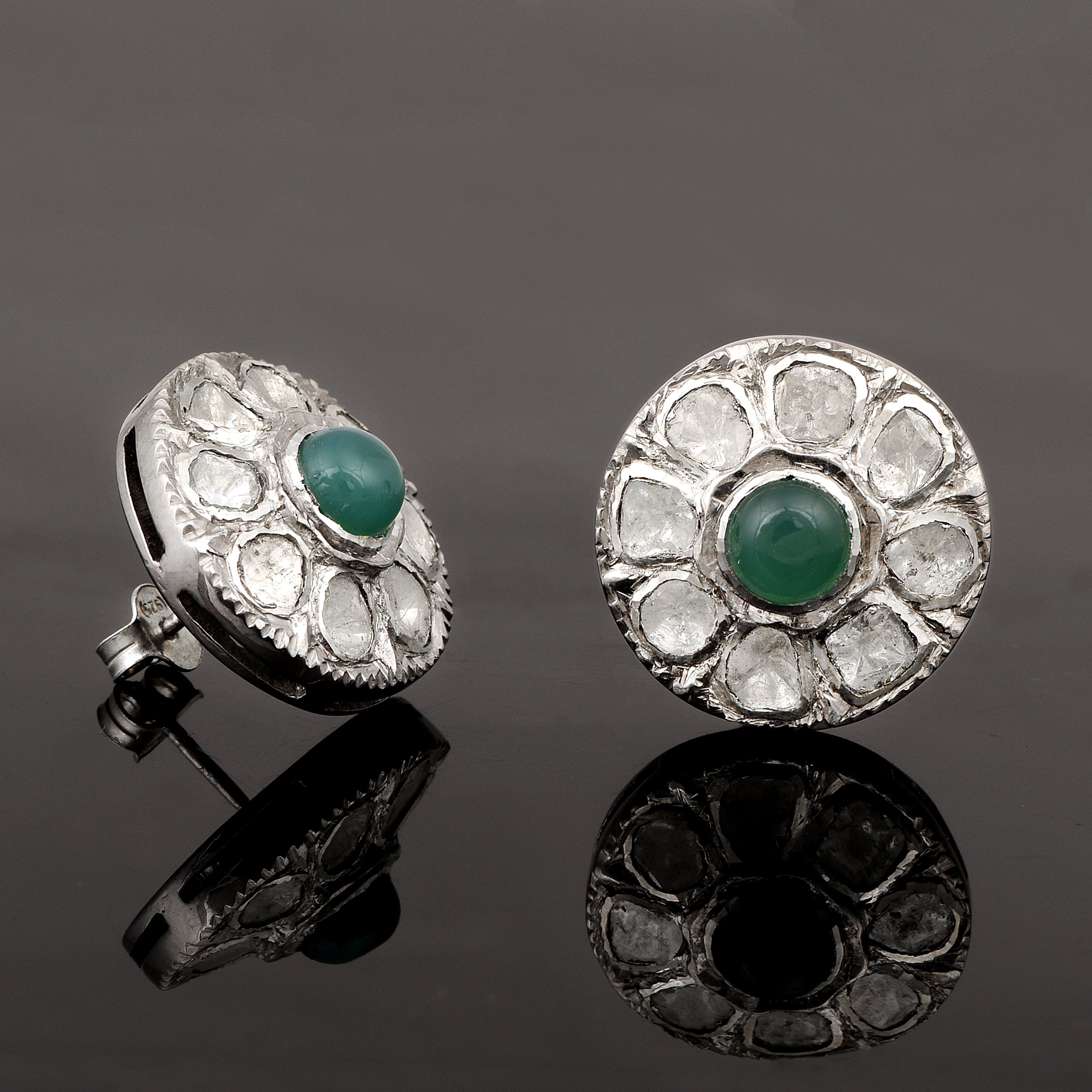 1.50 CTW Diamond Polki Green Onyx Round Studs
