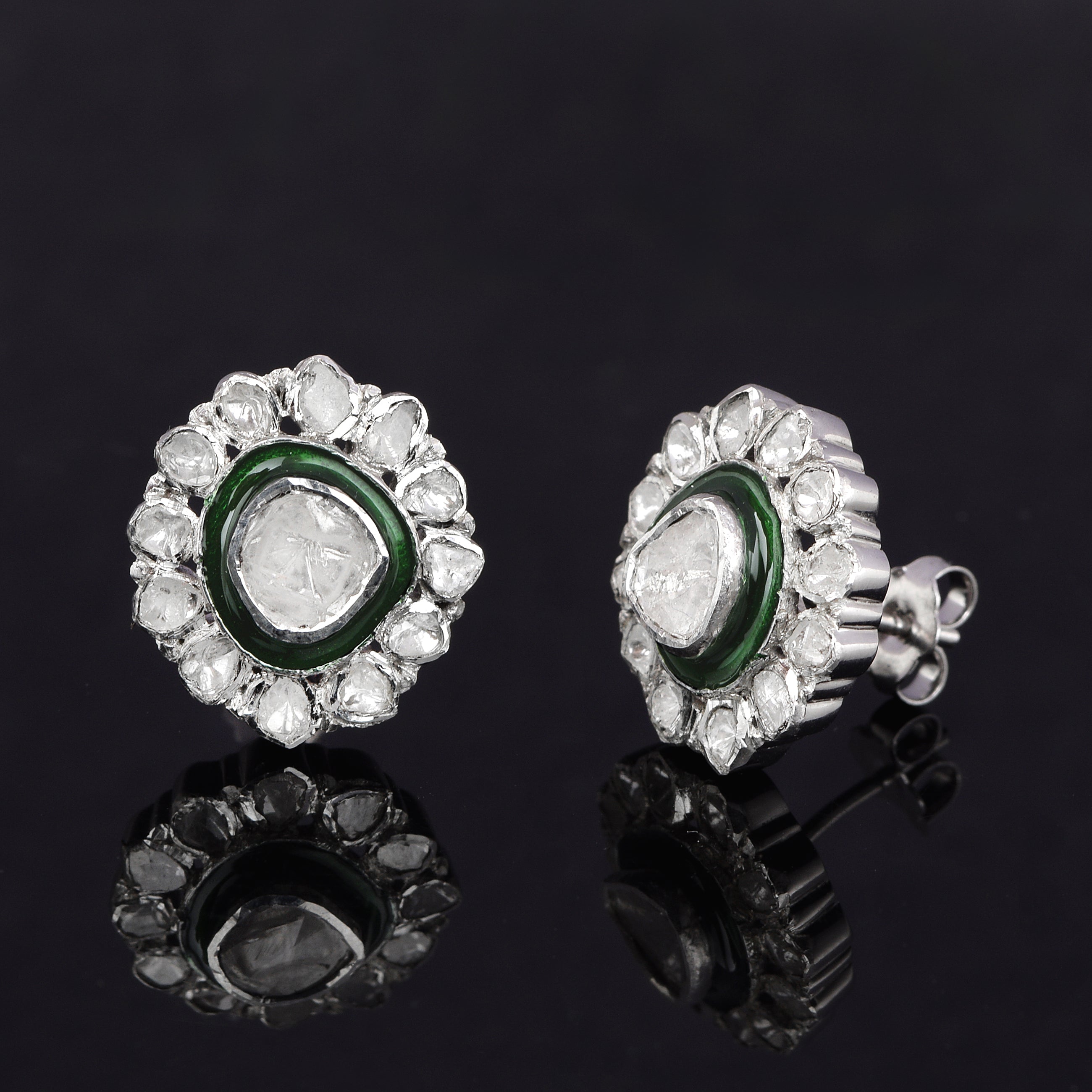 1.50 CTW Diamond Polki Green Enamel Round Studs