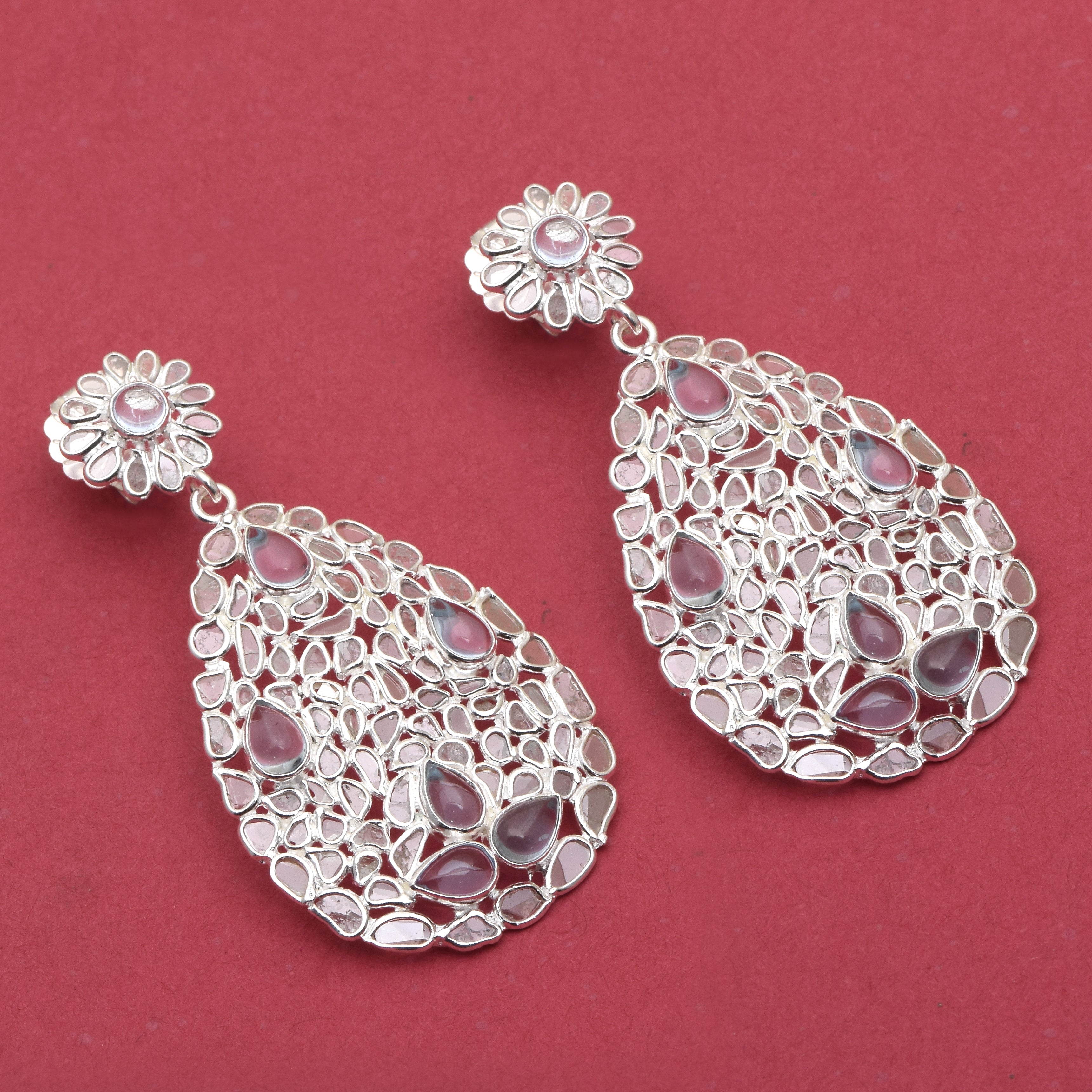 6.50 CTW Diamond Polki Genuine Blue Topaz Pear Dangle Earring