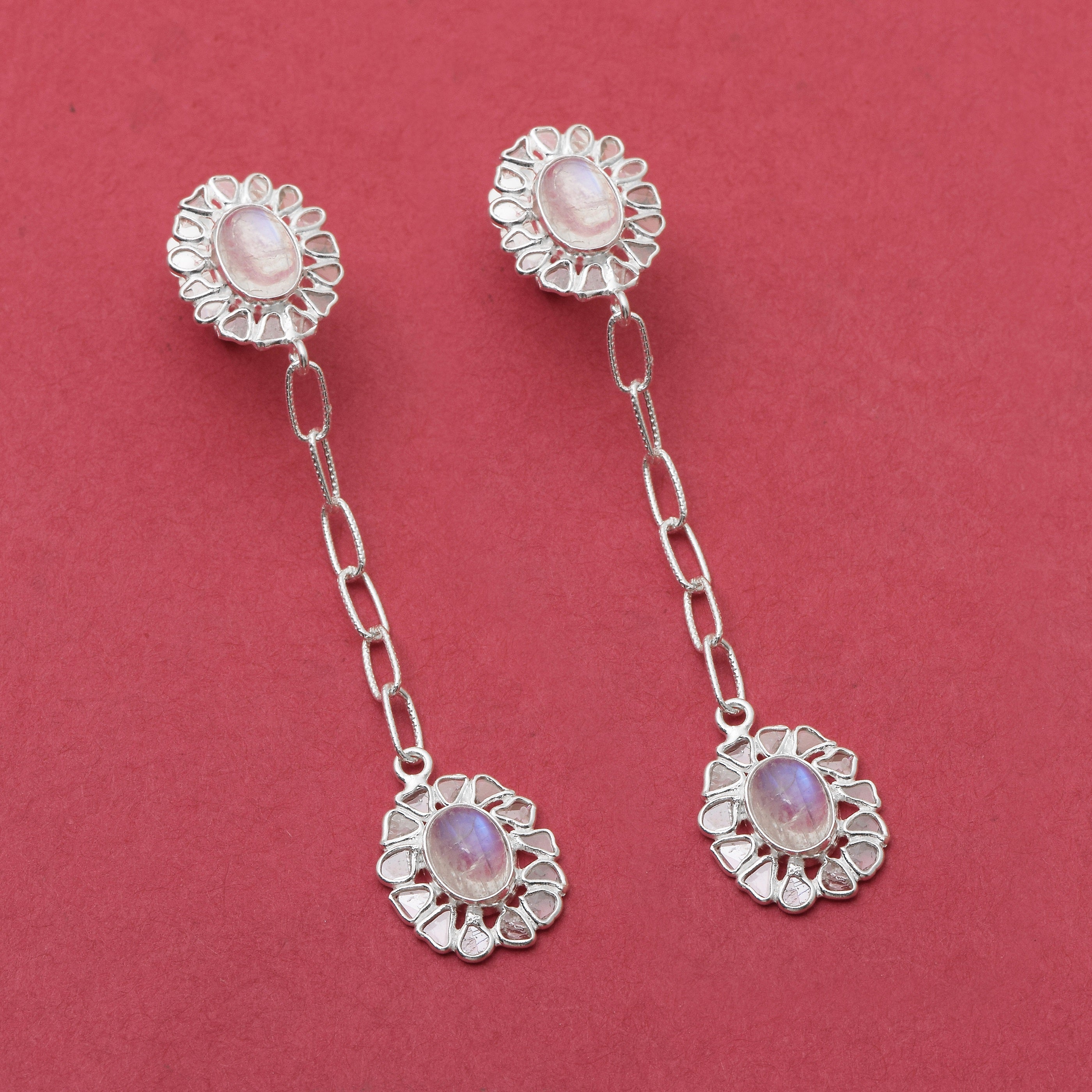 2.50 CTW Diamond Polki Moonstone Dangle Earrings