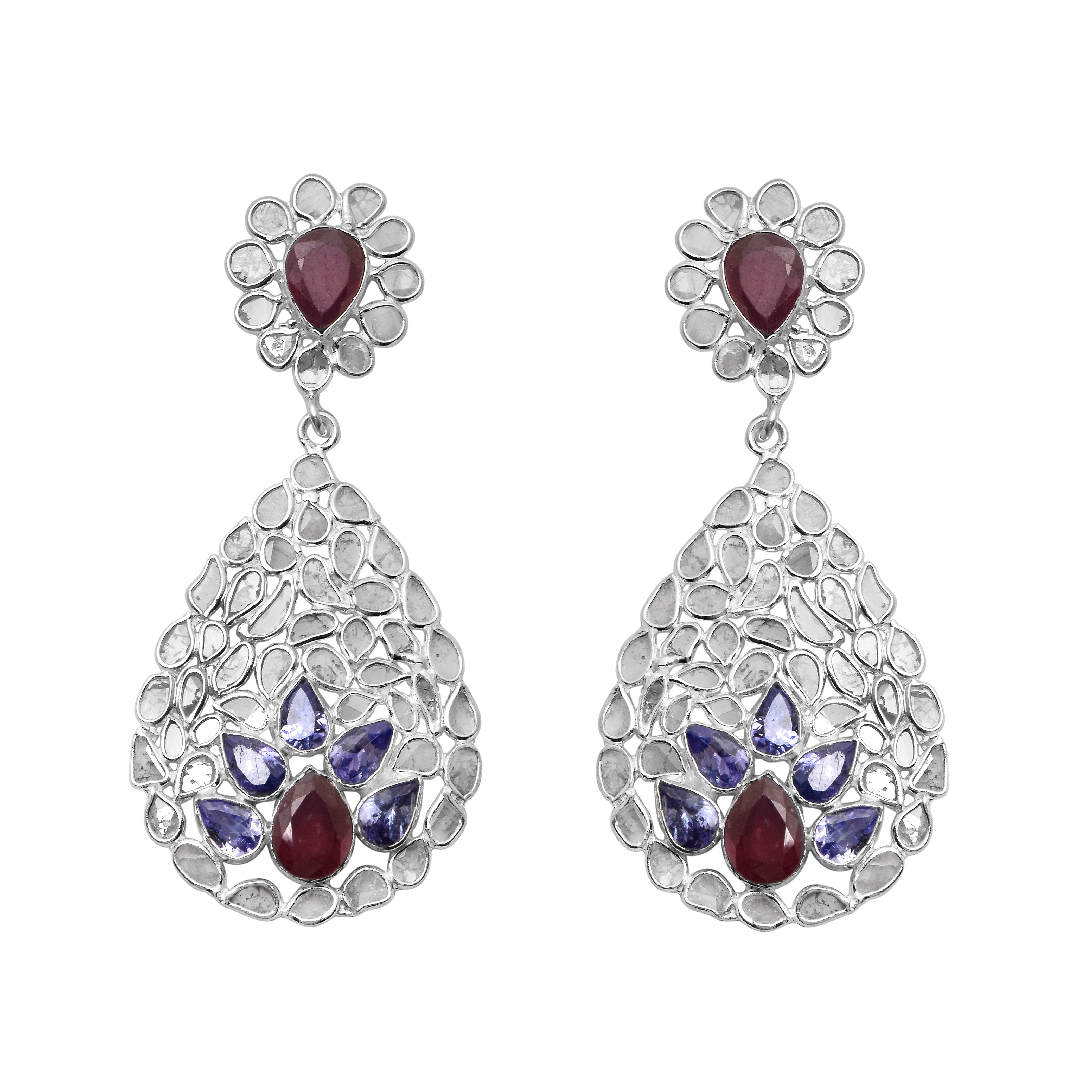 6 CTW Diamond Polki Tanzanite Ruby Floral Dangle Earrings