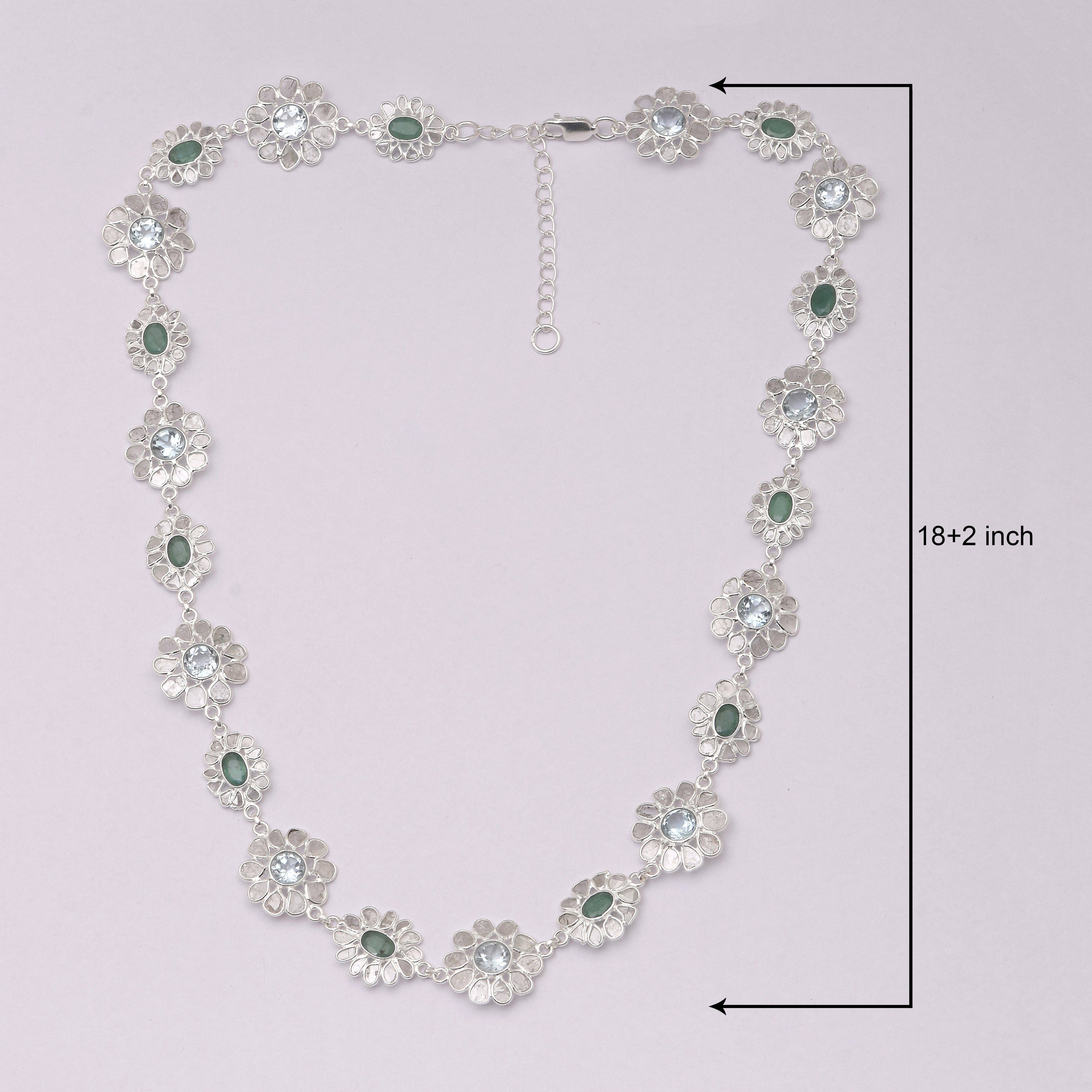 14 CTW Diamond Polki Emerald Blue Topaz Necklace