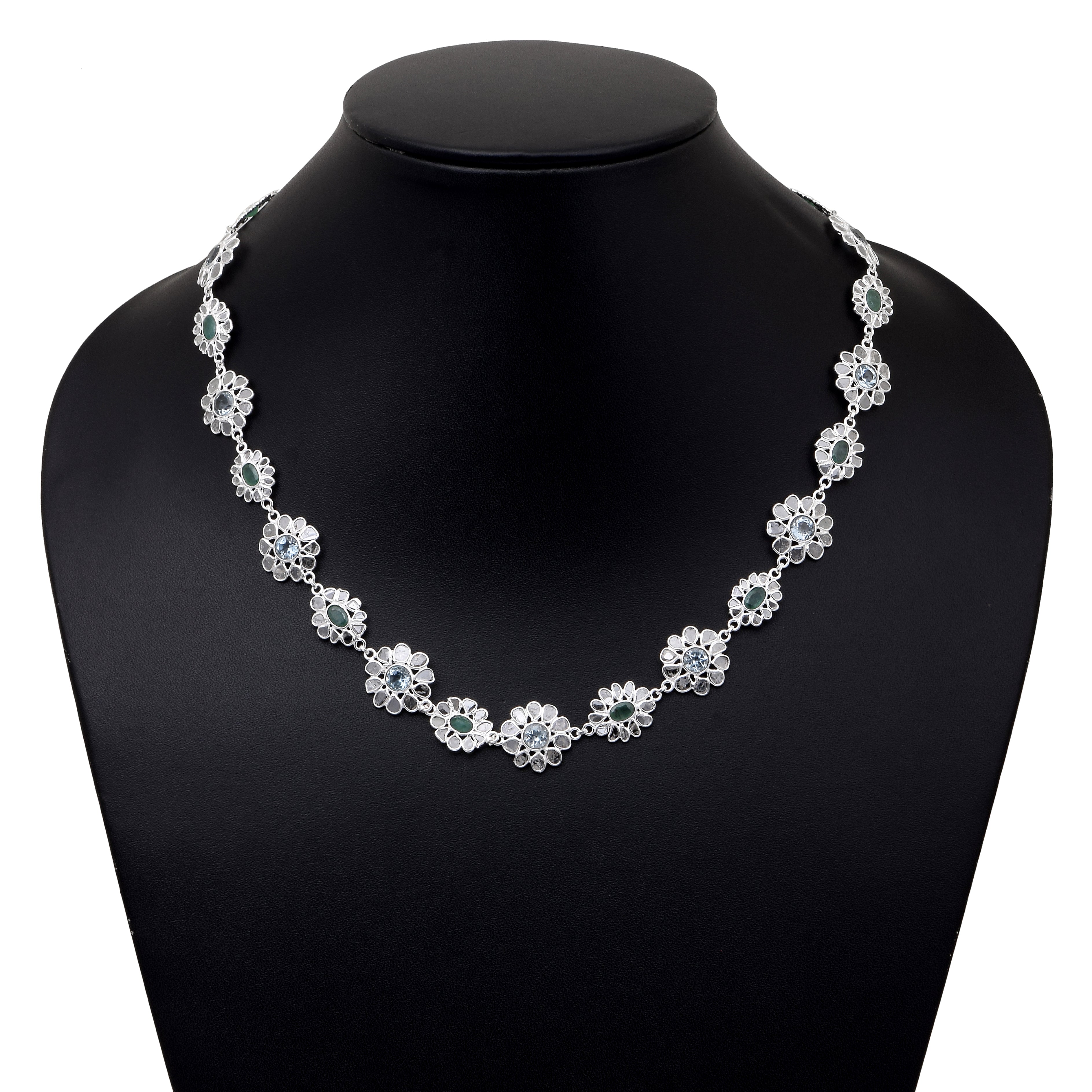 14 CTW Diamond Polki Emerald Blue Topaz Necklace