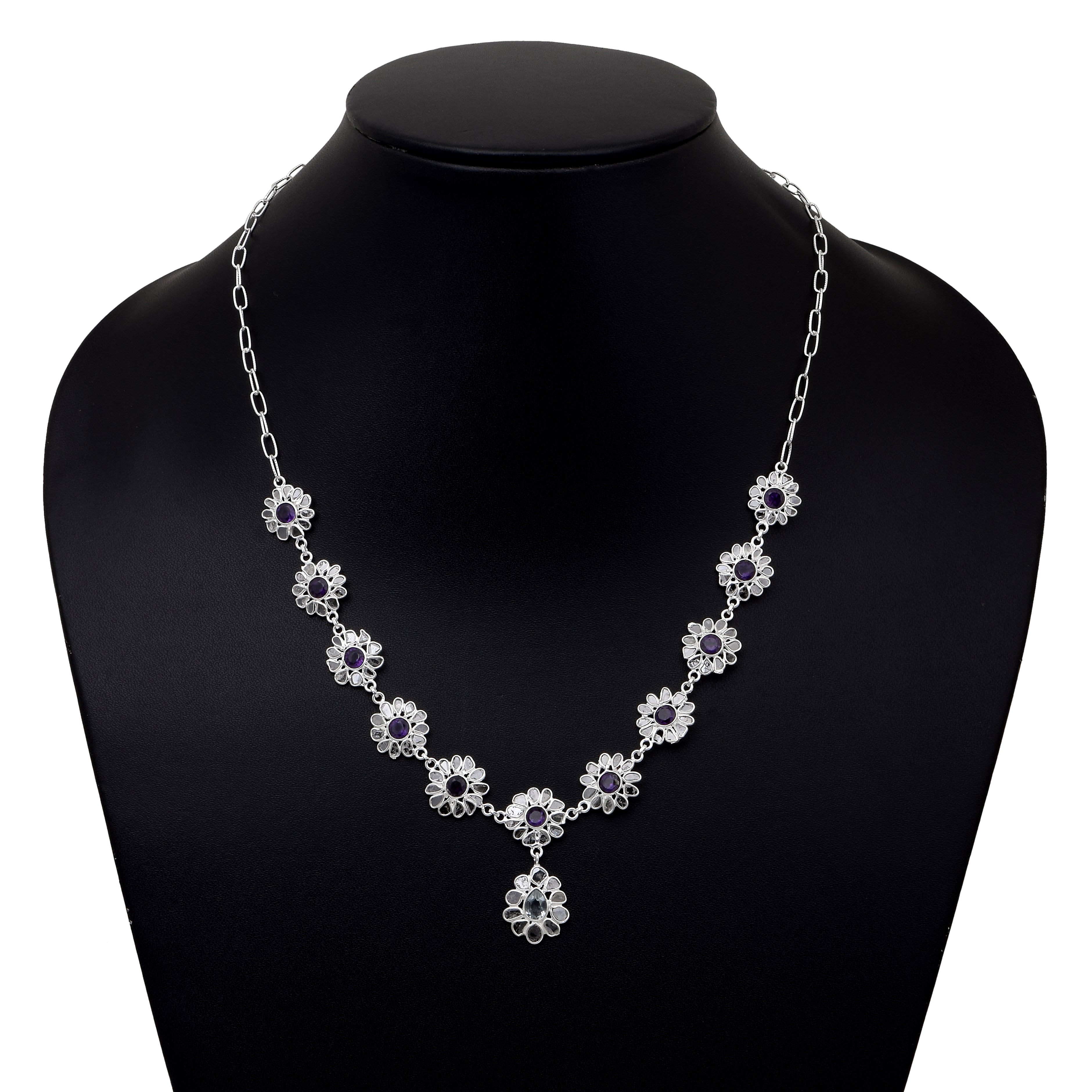 7 CTW Diamond Polki Amethyst Blue Topaz Necklace