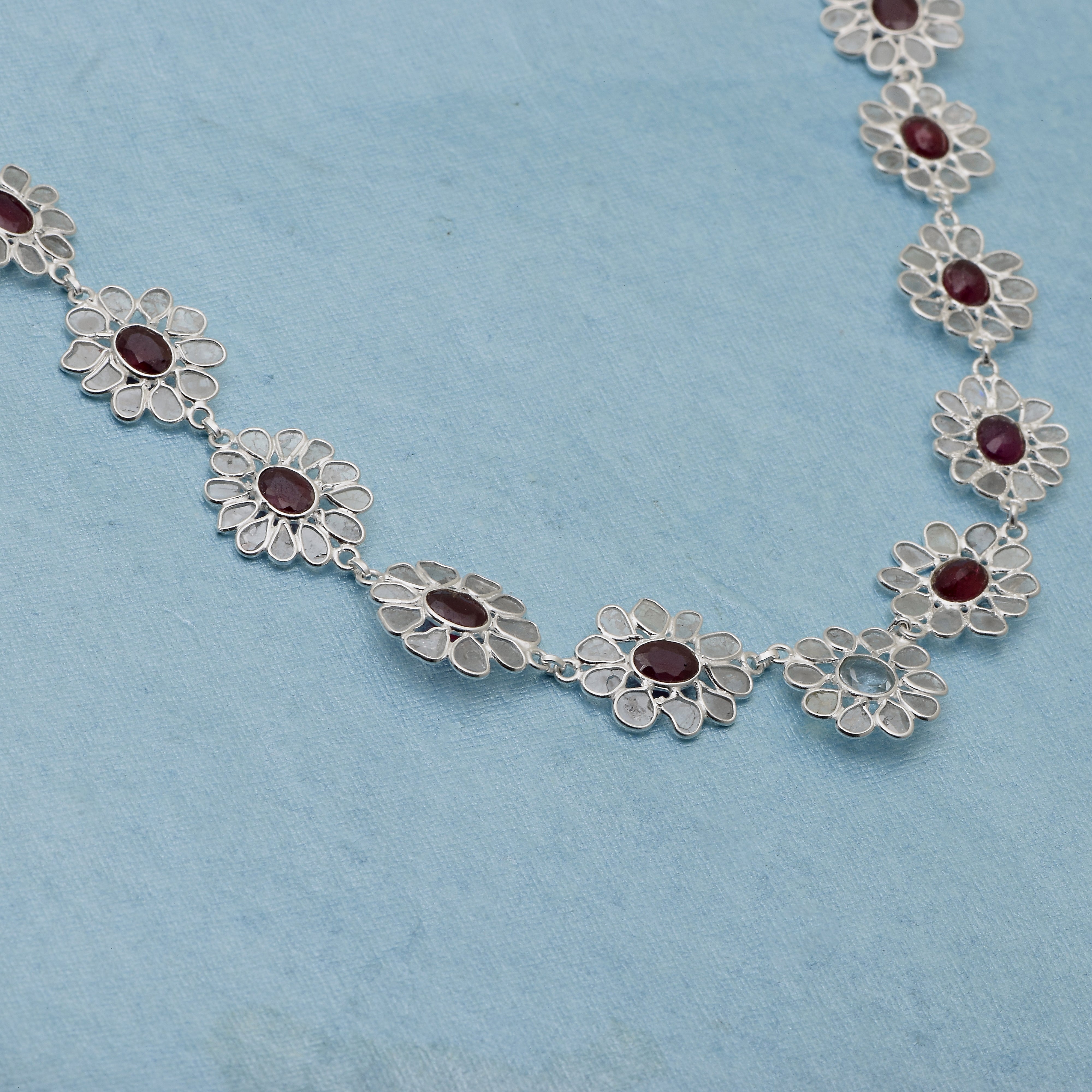 14 CTW Diamond Polki Ruby Blue Topaz Necklace