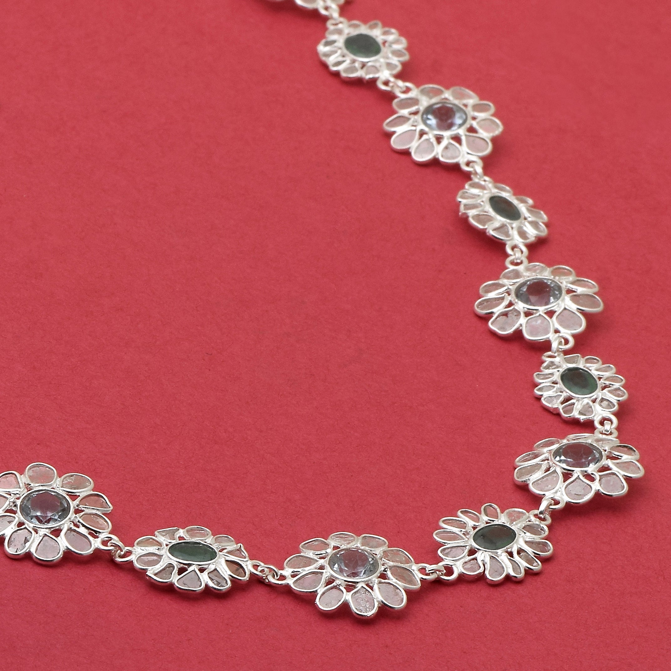 14 CTW Diamond Polki Emerald Blue Topaz Necklace