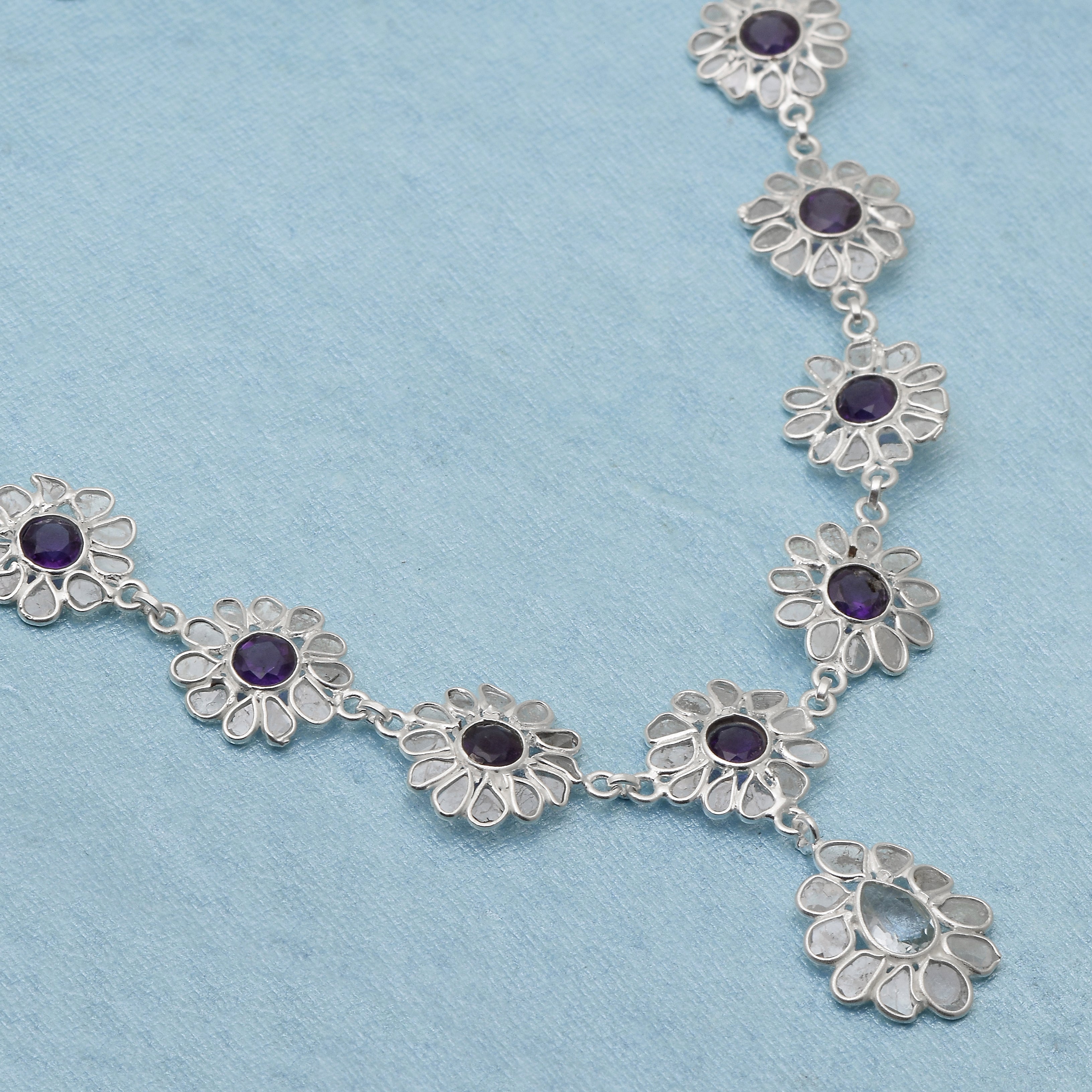 7 CTW Diamond Polki Amethyst Blue Topaz Necklace