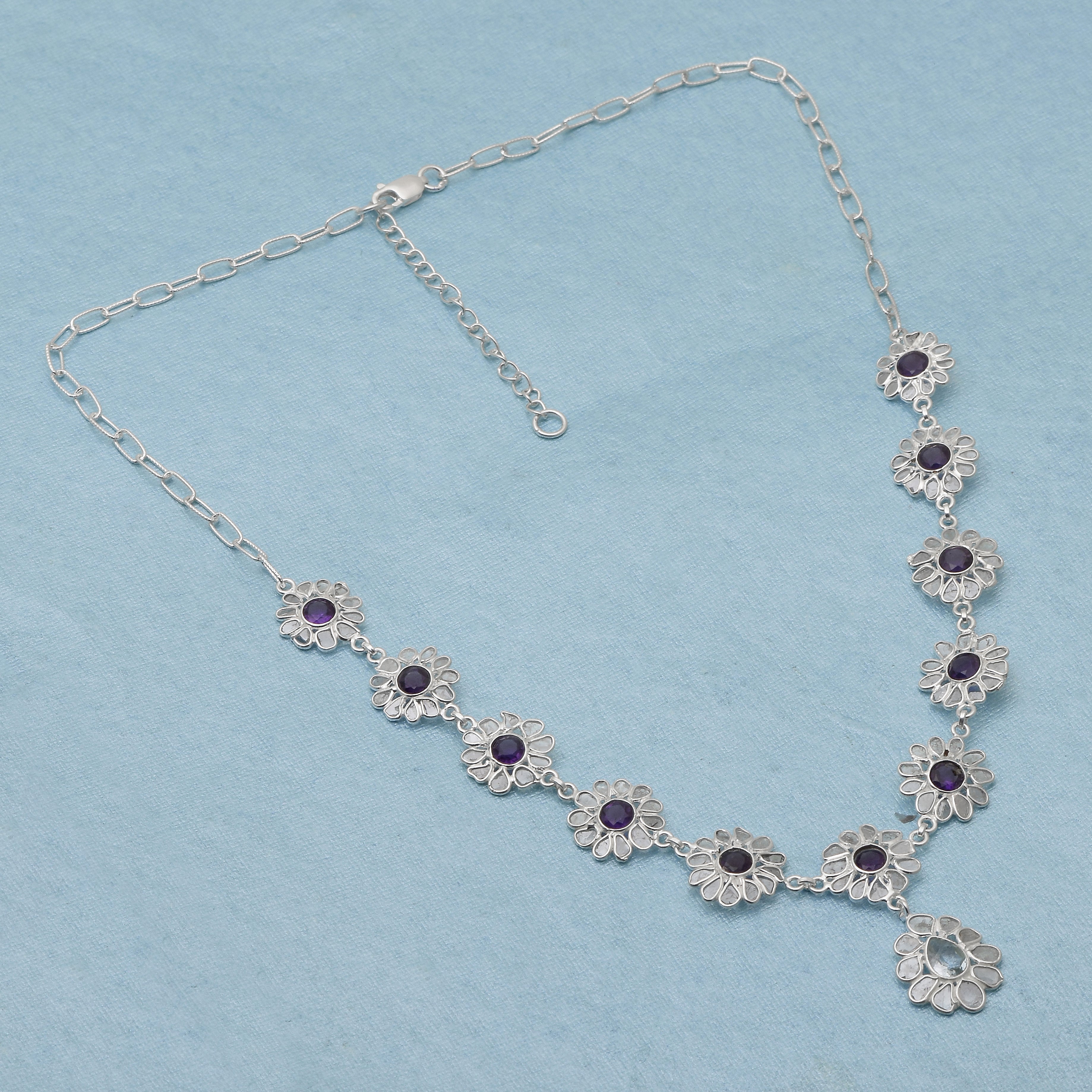 7 CTW Diamond Polki Amethyst Blue Topaz Necklace