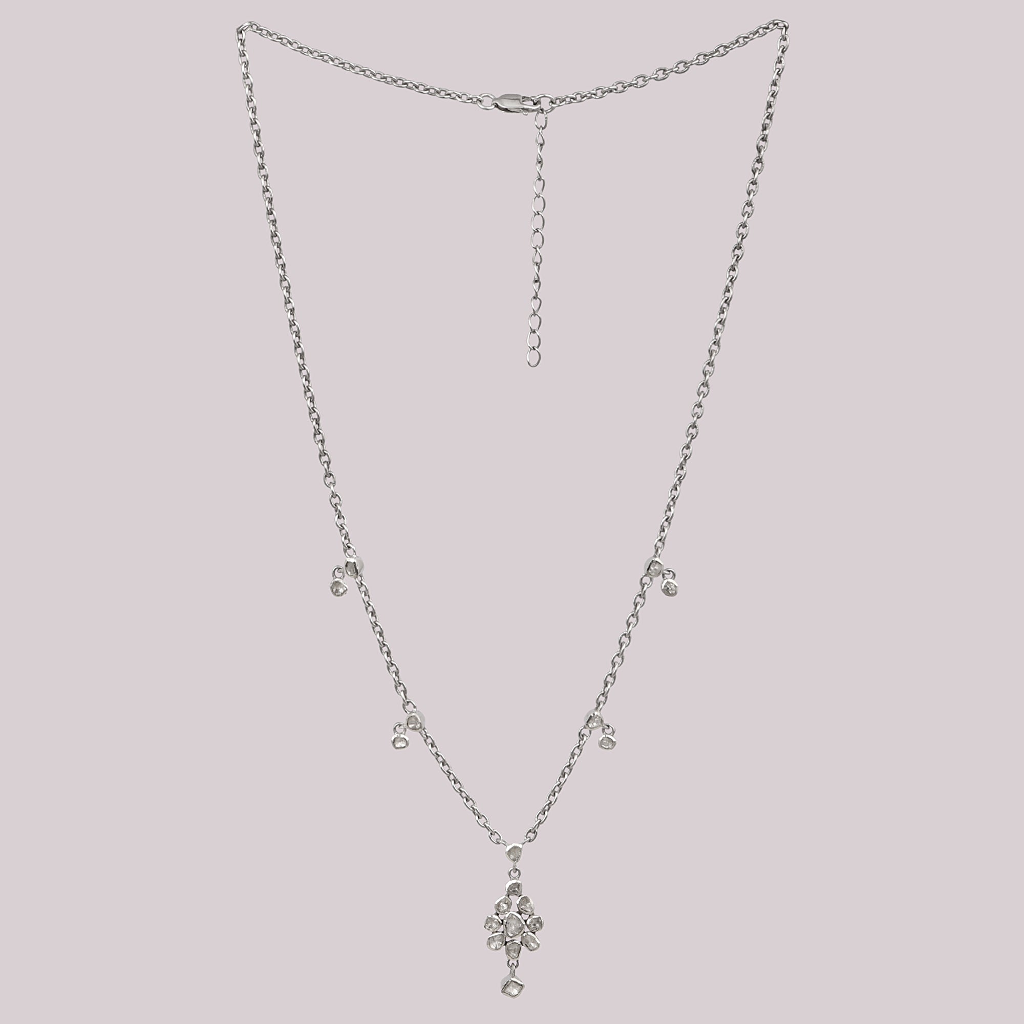 Intricate artistry 1.50 CTW Natural Slice Diamond Polki Necklace in 18" Long, Platinum Plated Necklace