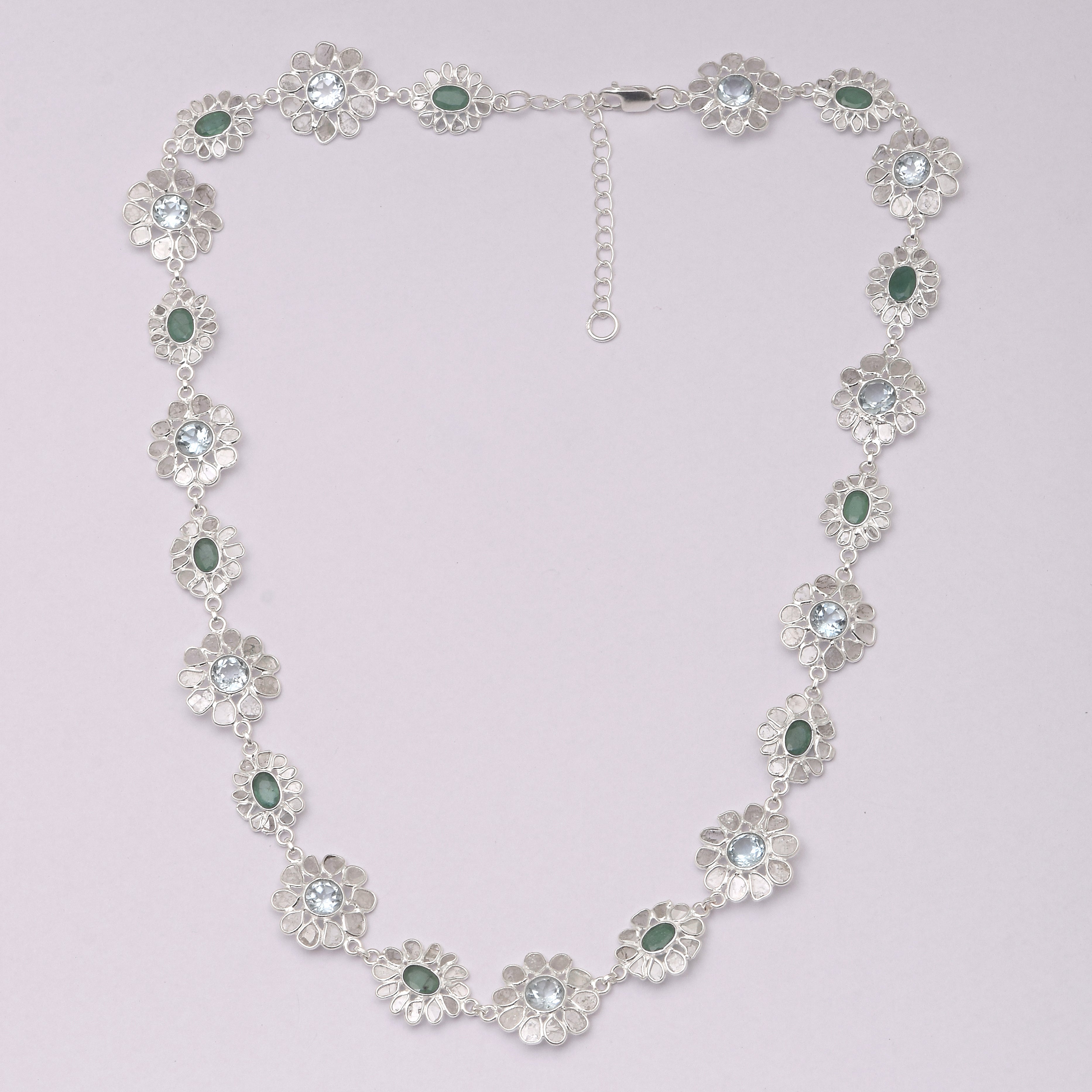 14 CTW Diamond Polki Emerald Blue Topaz Necklace