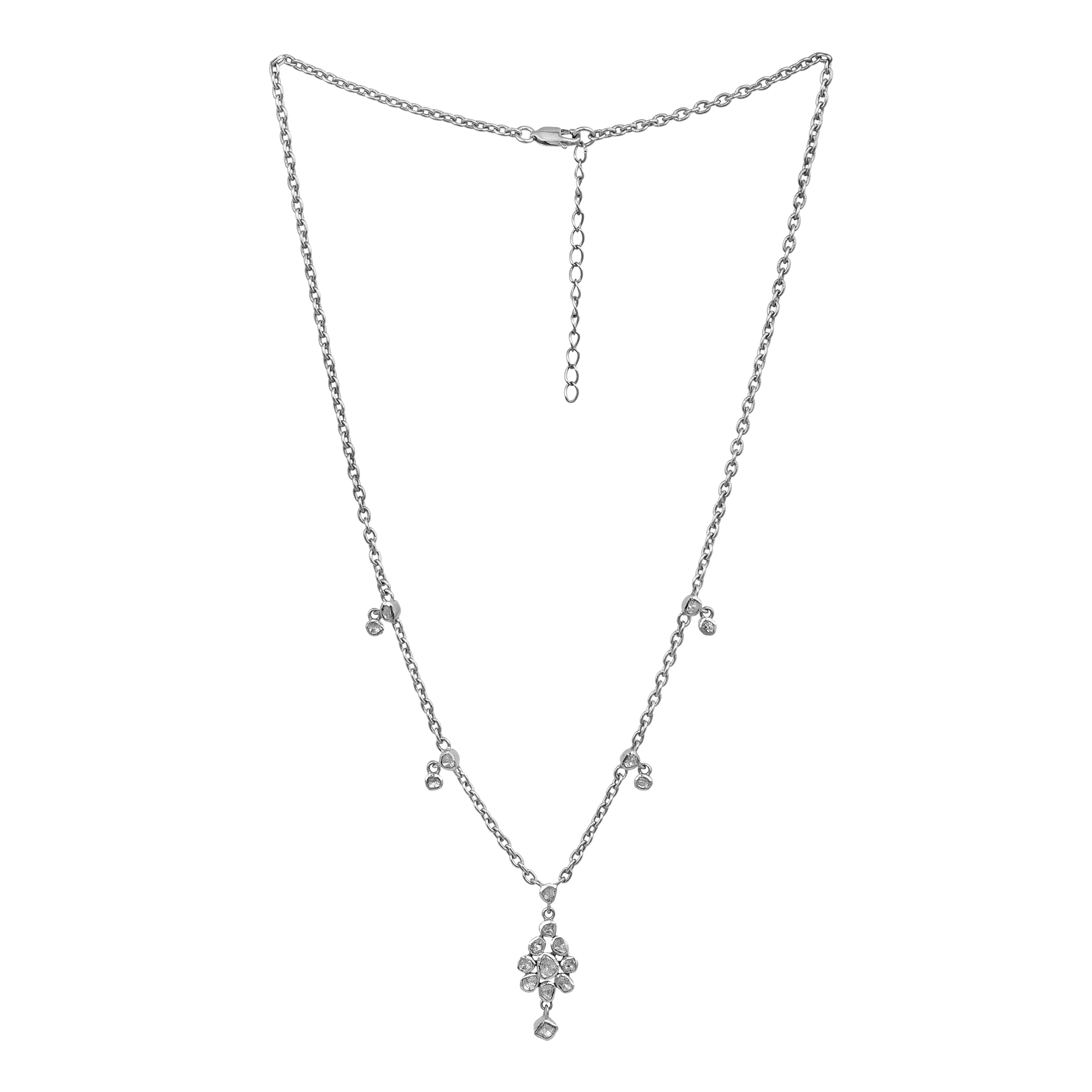 Intricate artistry 1.50 CTW Natural Slice Diamond Polki Necklace in 18" Long, Platinum Plated Necklace