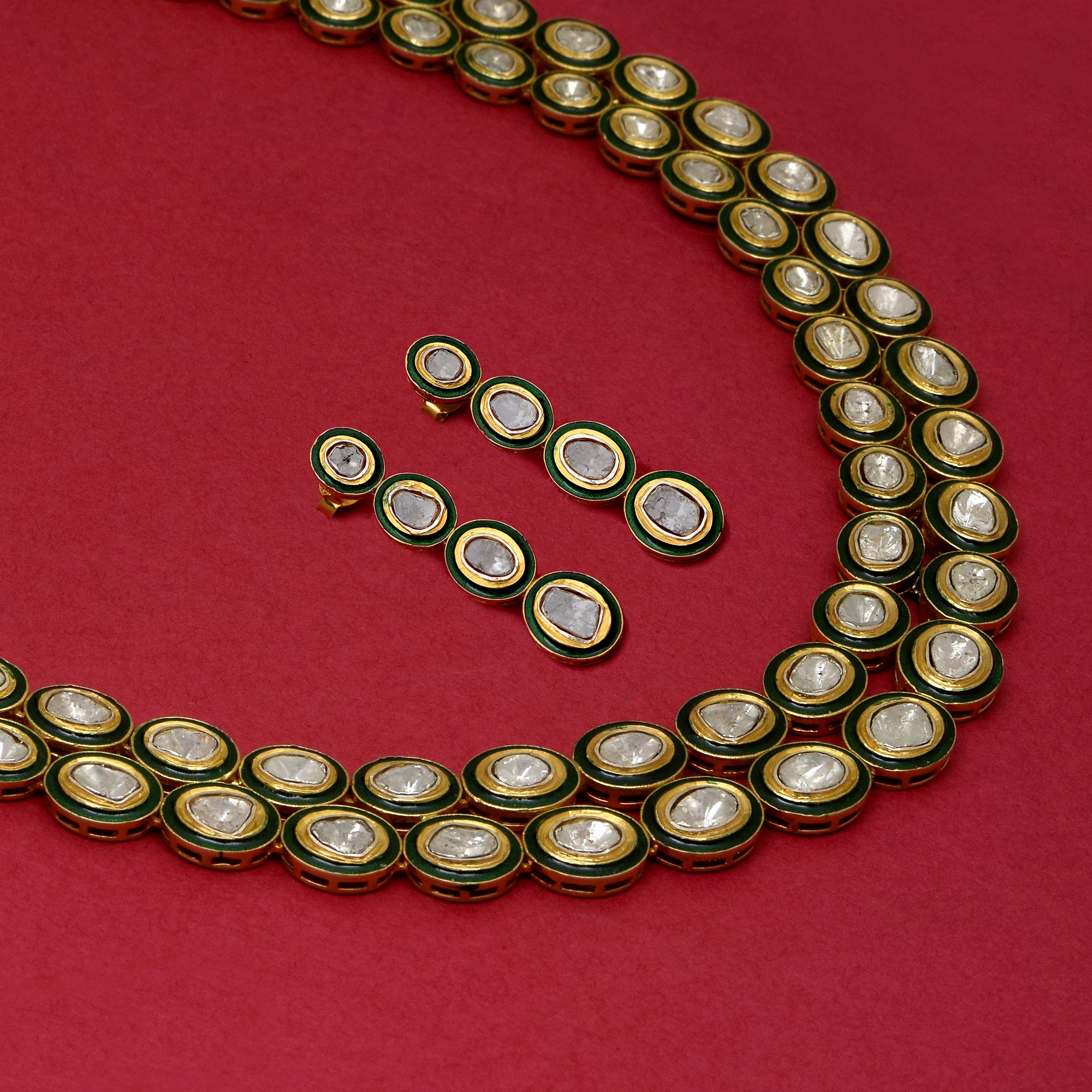 Diamond Polki Green Enamel Necklace Set