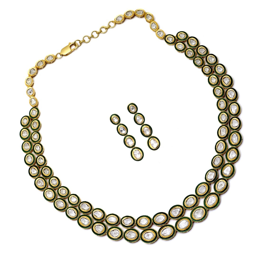 Diamond Polki Green Enamel Necklace Set