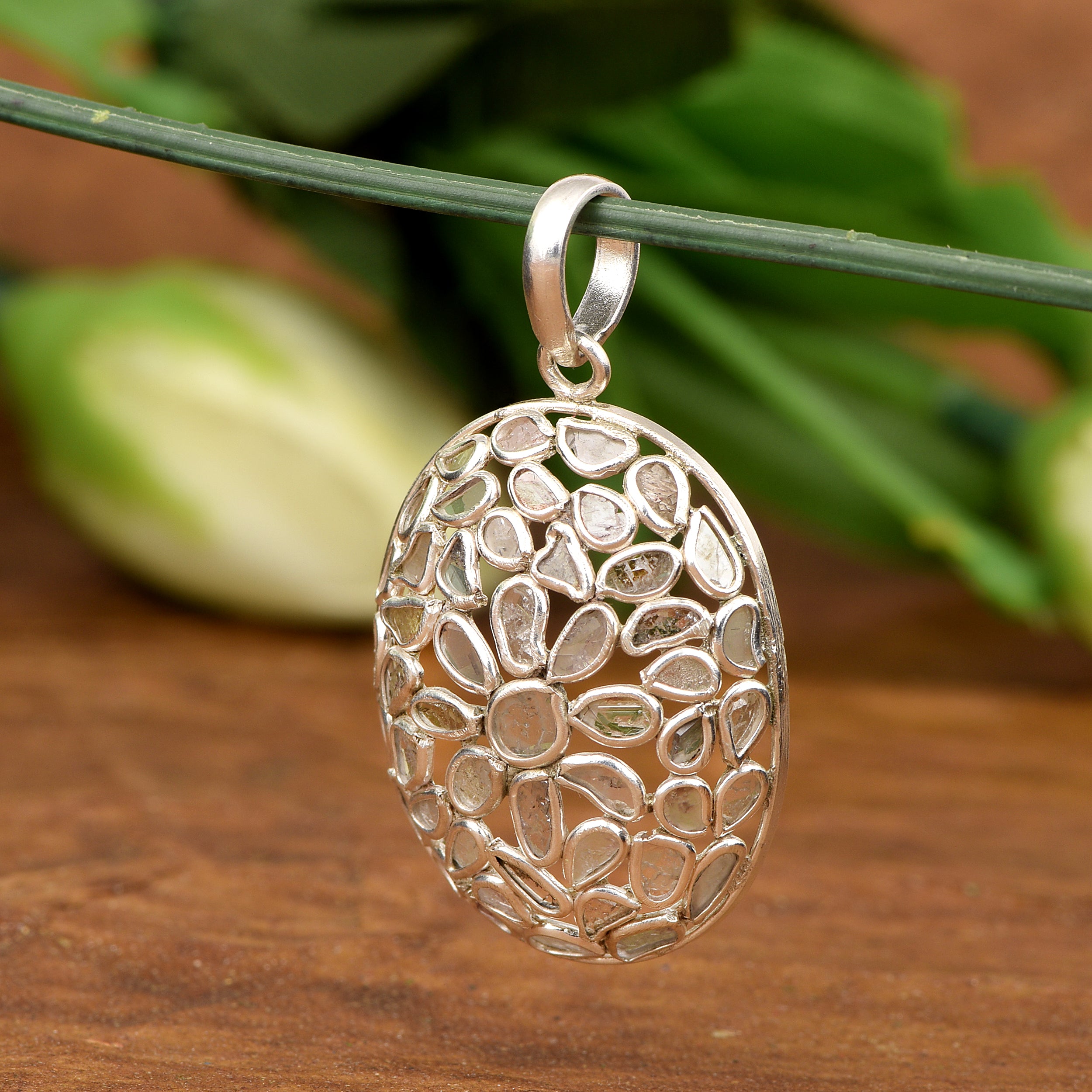 2.00 CTW Diamond Polki Oval Shape Pendant