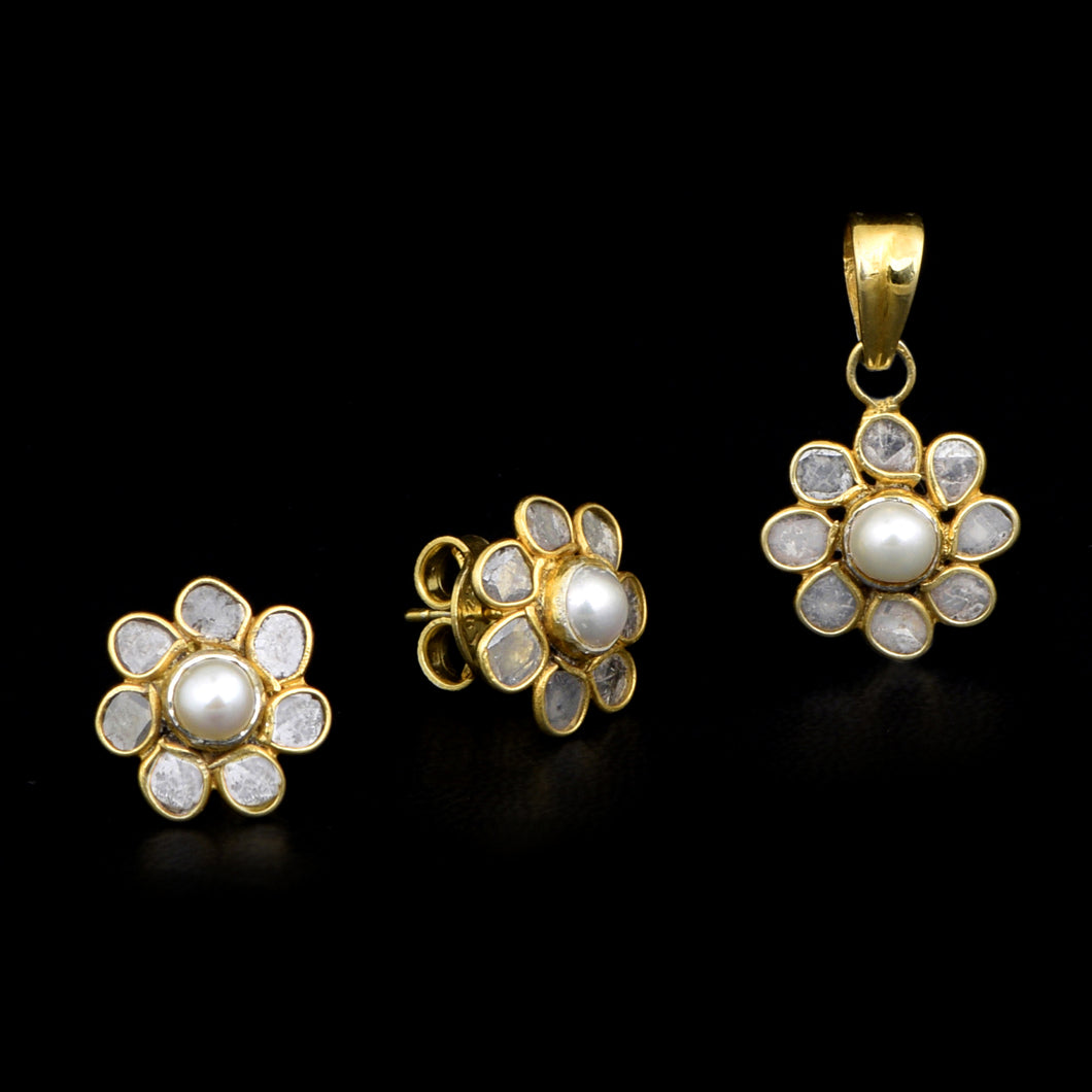 Diamond Polki Pearl Floral Pendant Set
