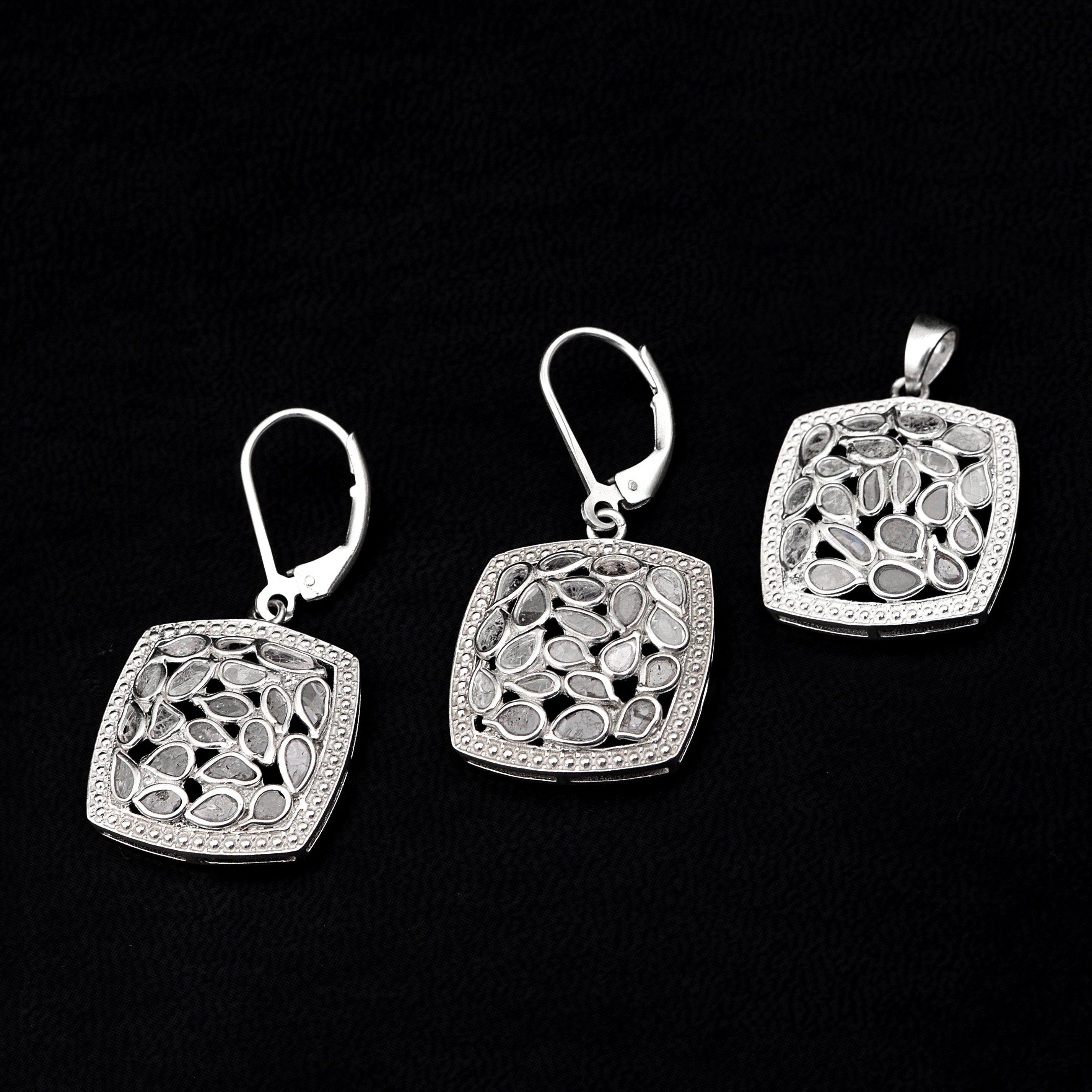 Diamond Polki Square Pendant Set