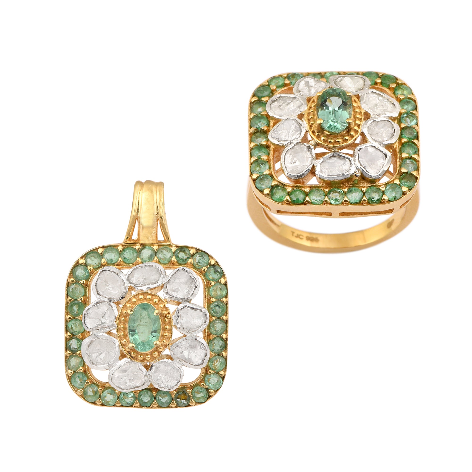 Diamond Polki Emerald Pendant Set