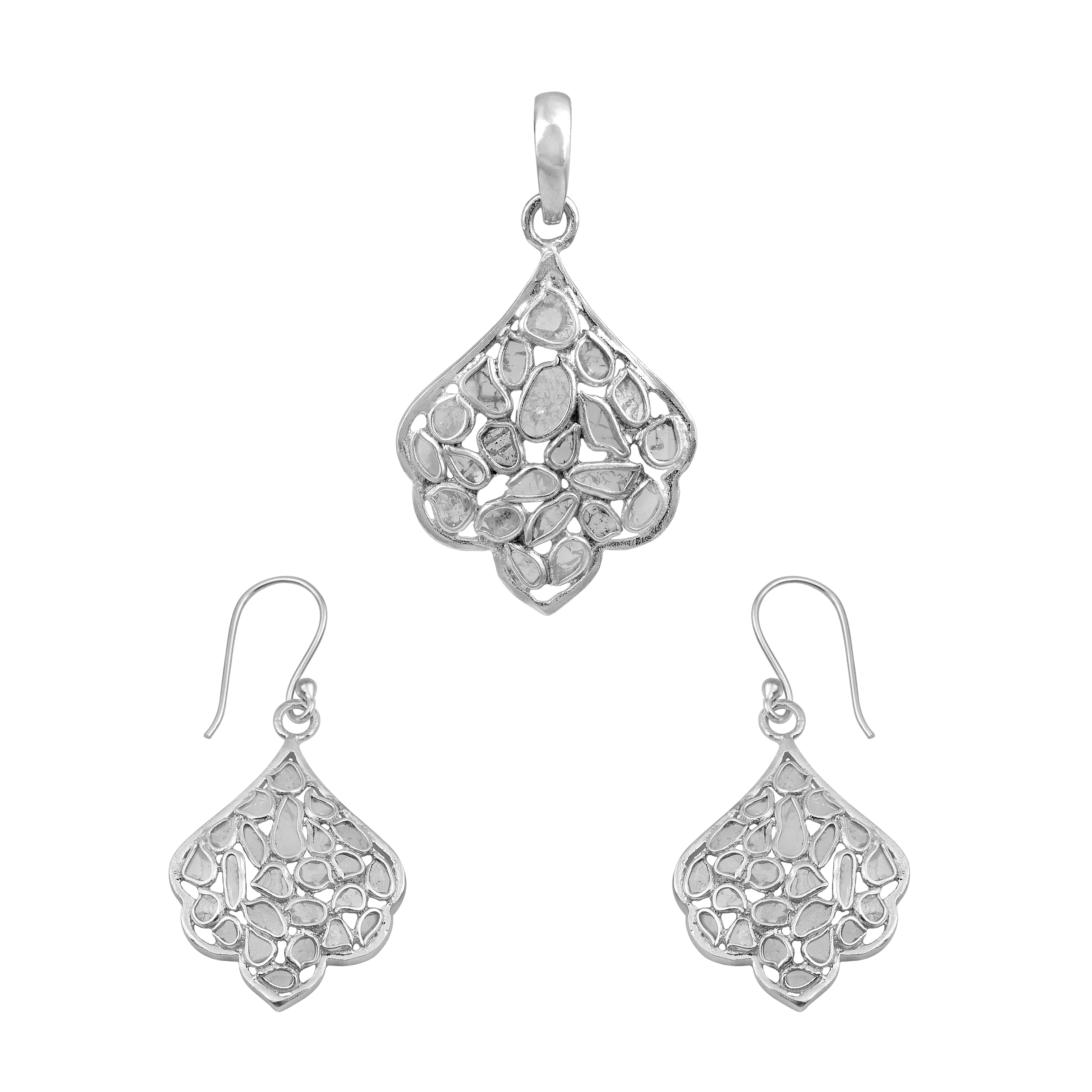 1.50 CTW Diamond Polki Leaf Inspired Pendant Set