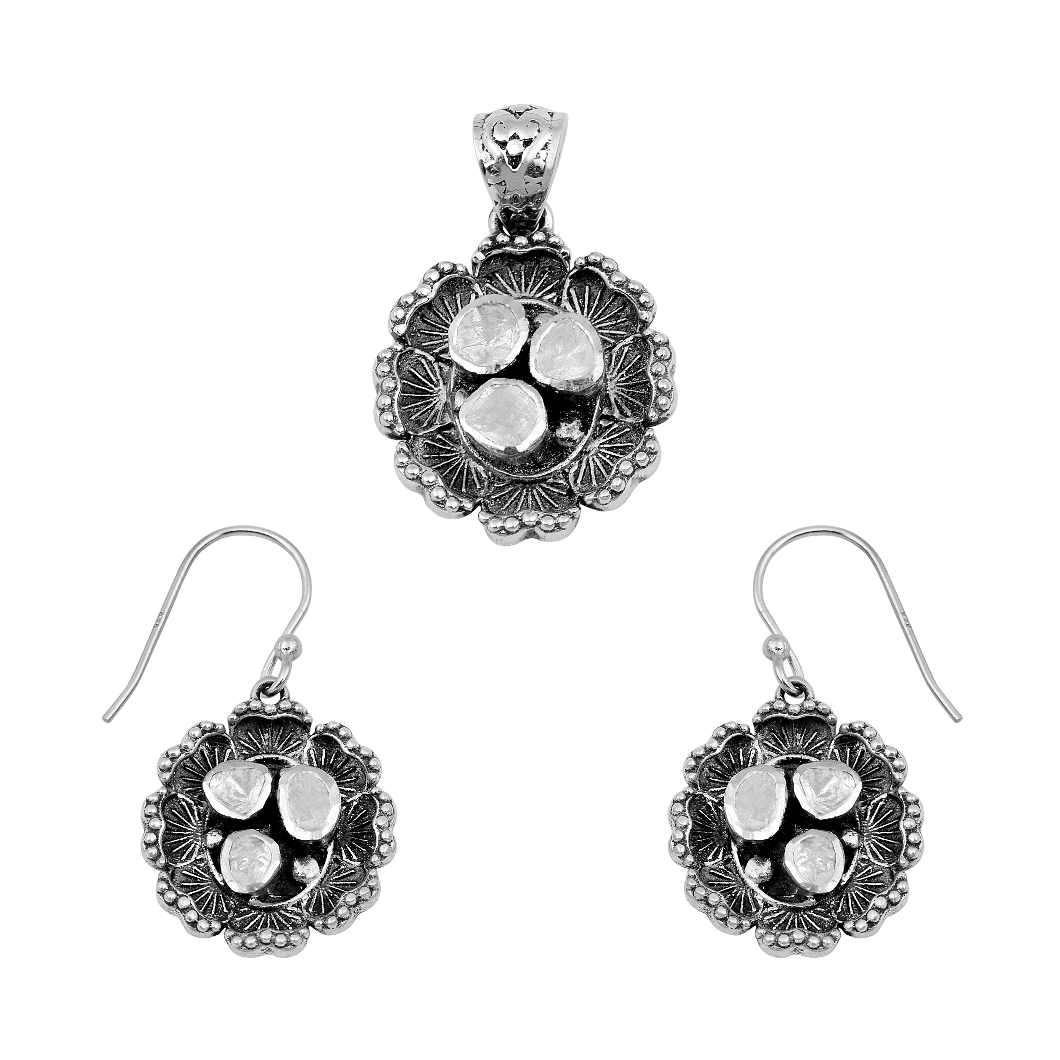 1.00 CTW Diamond Polki Flower Inspired Pendant Set