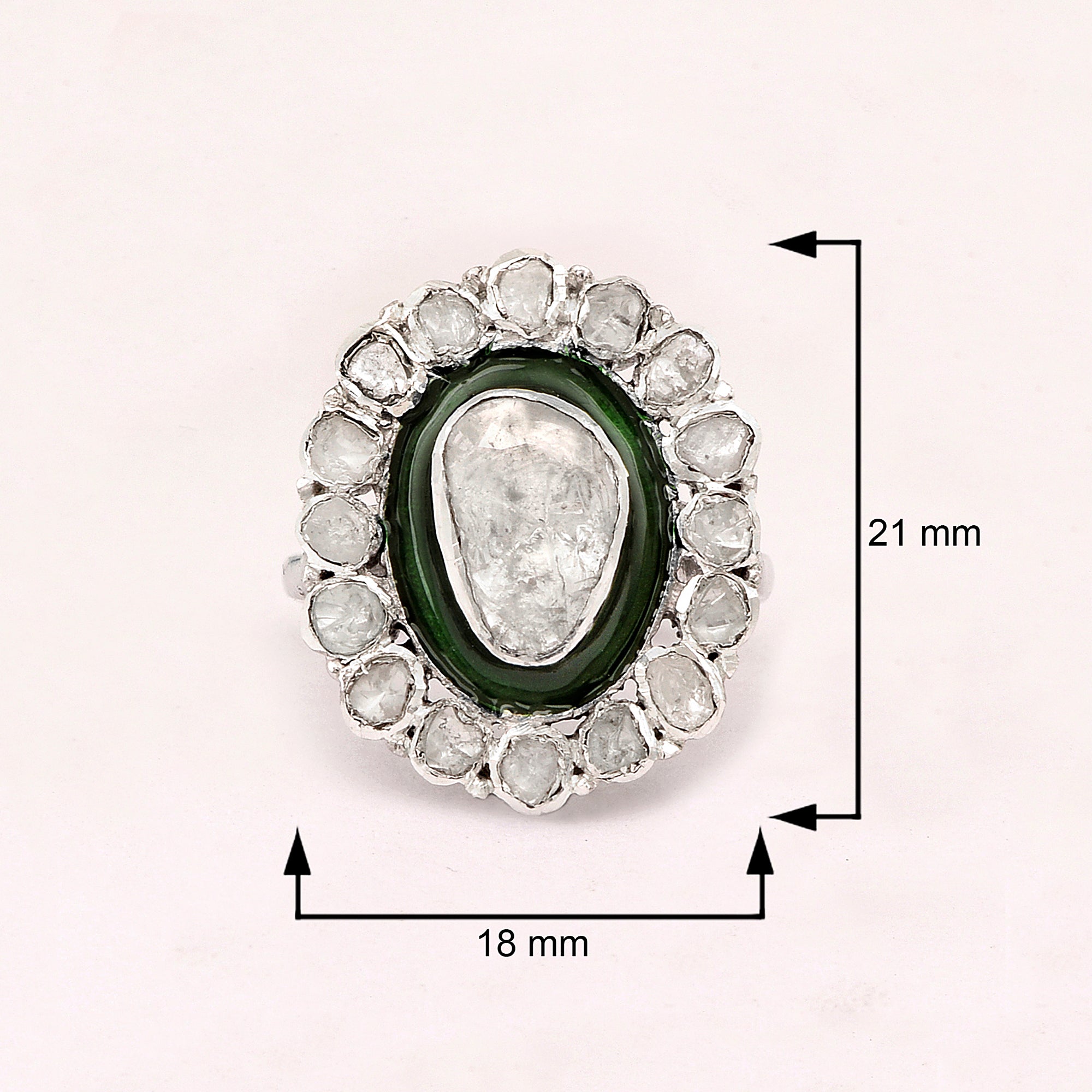 1.00 CTW Diamond Polki 925 Sterling Silver Green Enamel Engraved Cocktail Ring