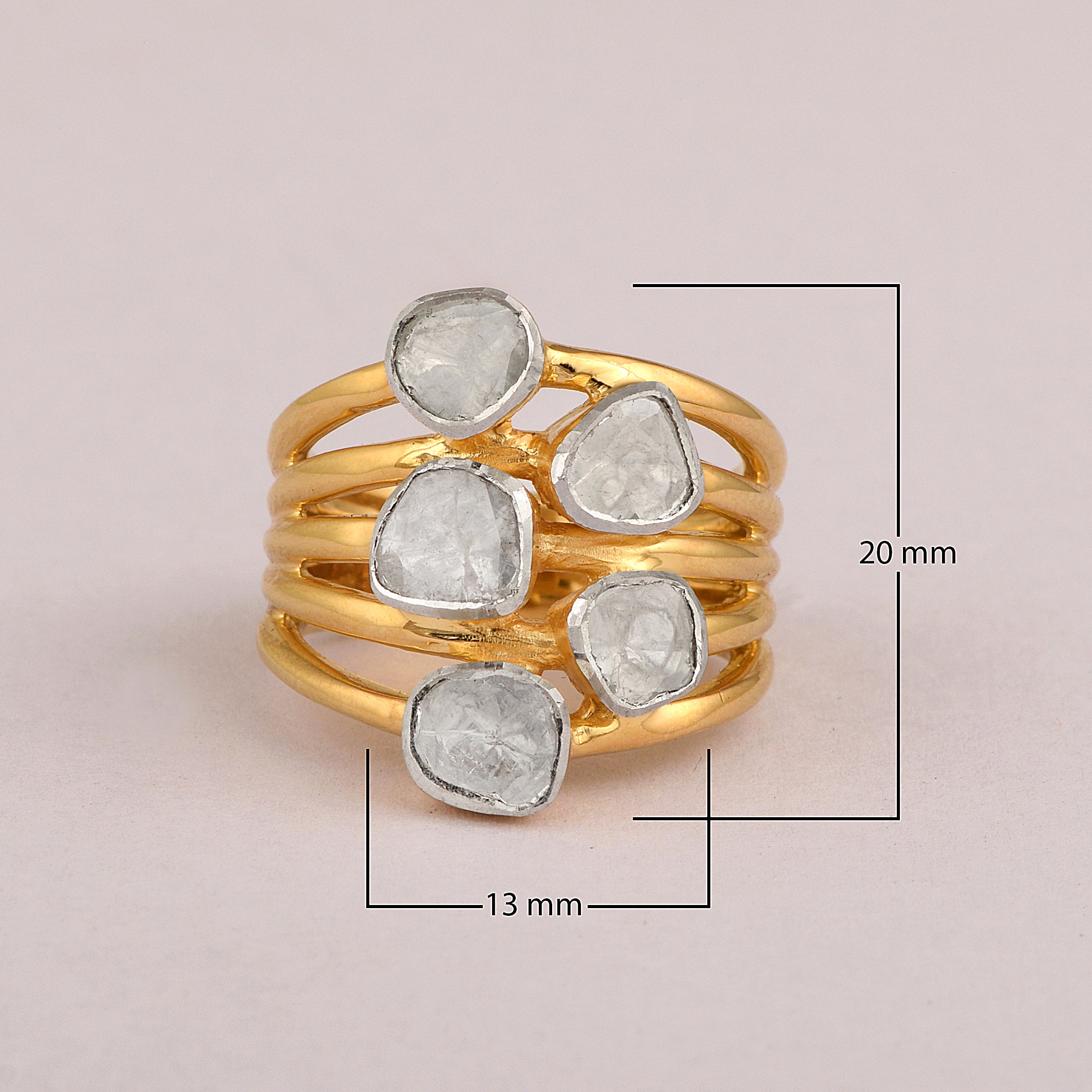 1.00 CTW Natural Diamond Polki Multi Band Ring 925 Sterling Silver 14K Gold Plated