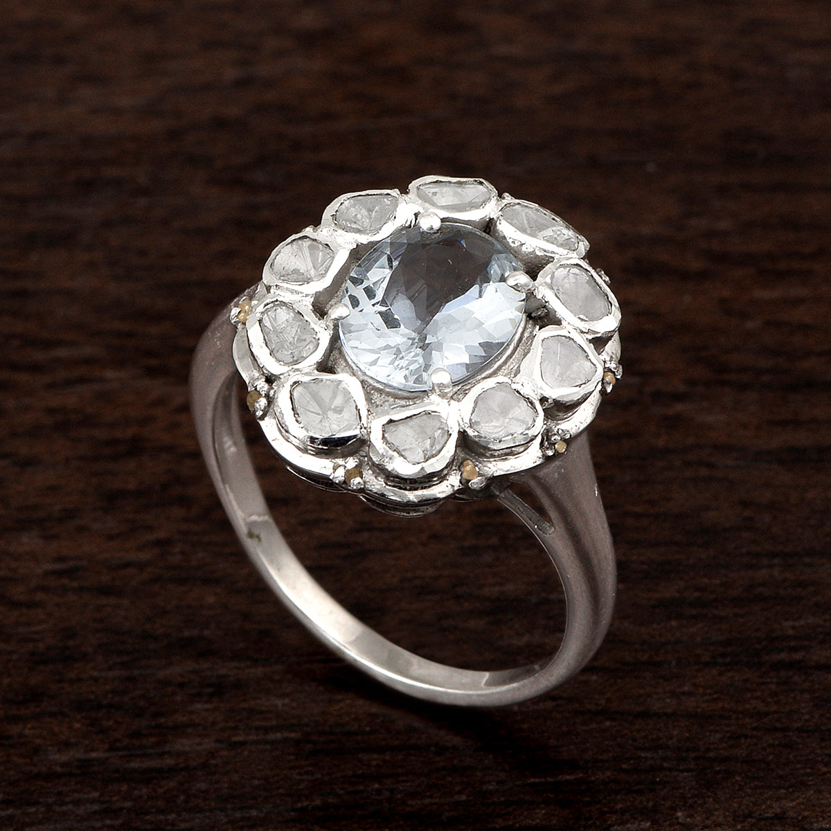 3.50 Ctw Aquamarine Oval Polki Diamond Floral Ring