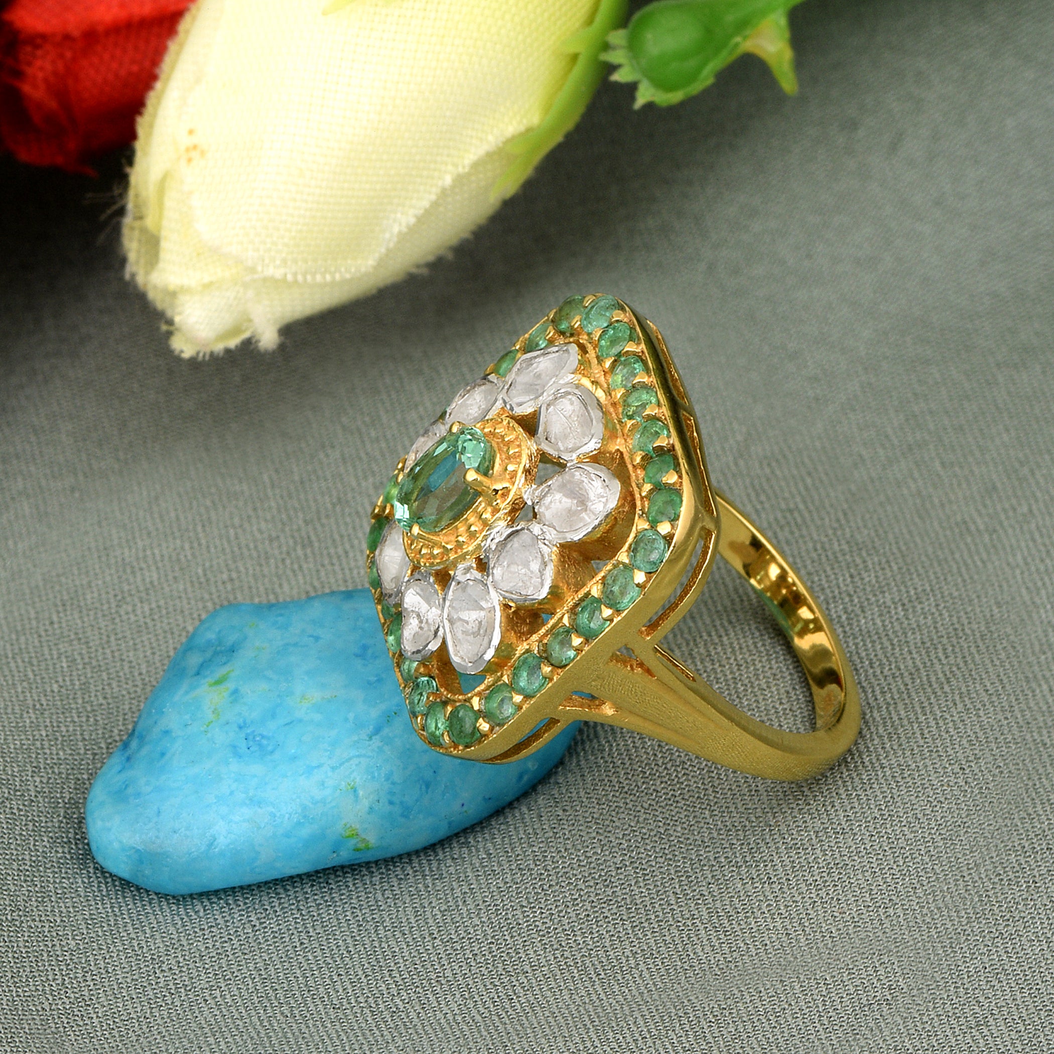 0.50 CTW Natural Diamond Polki Emerald Cocktail Ring