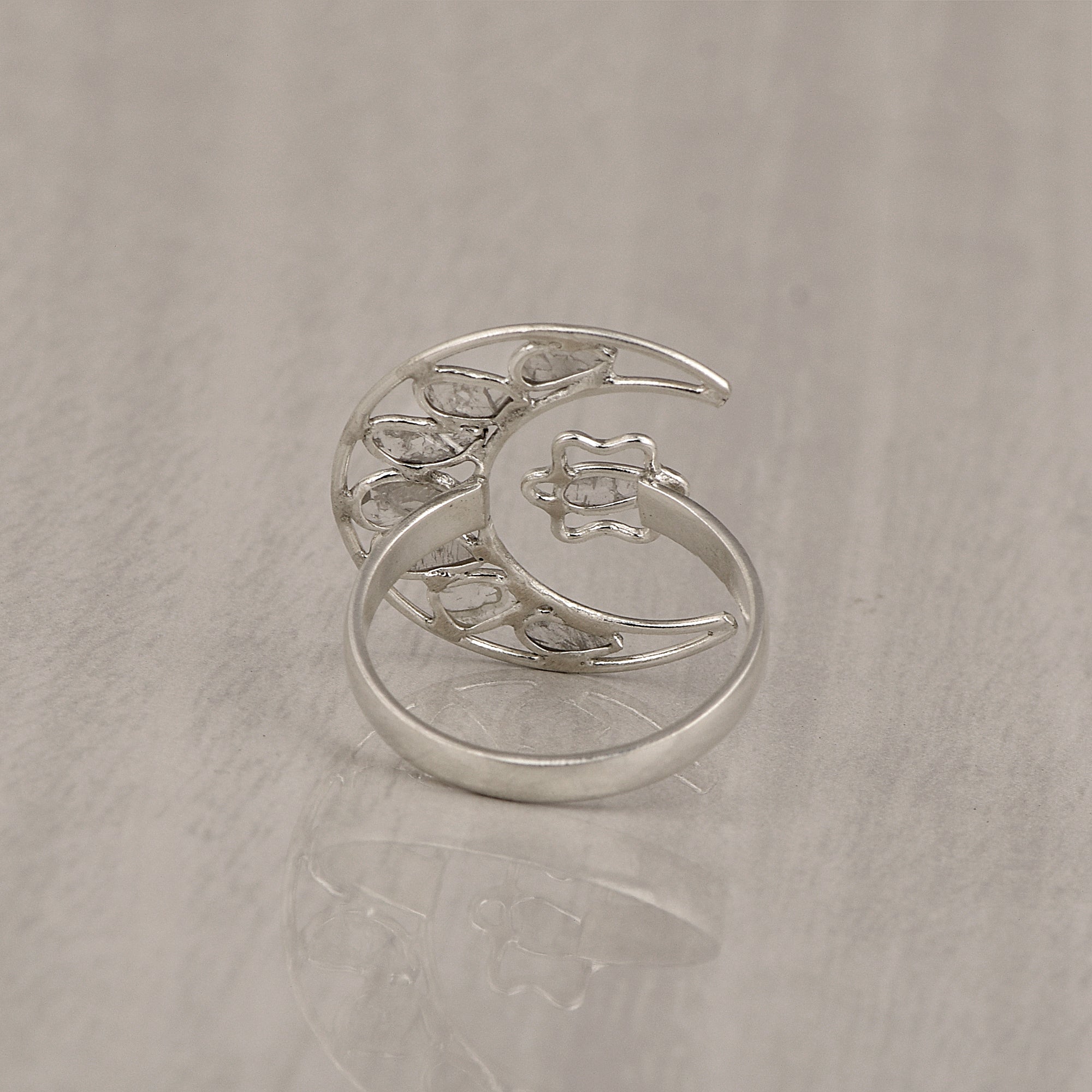 0.35 CTW Indian Artisan Crafted Polki Diamond Moon Star Ring 925 Sterling Silver Platinum Plated