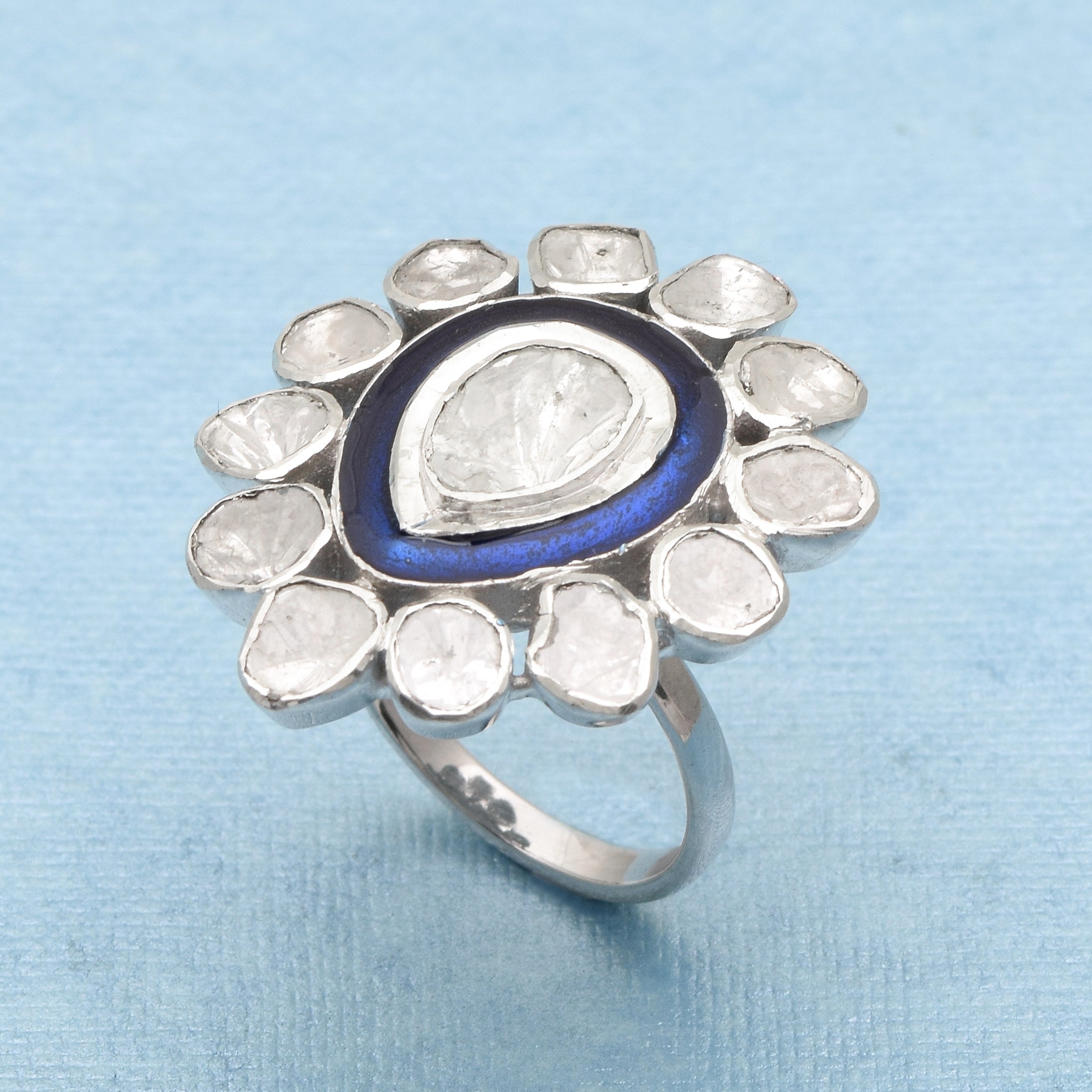 1.75 CTW Diamond Polki Blue Enamel Solitaire Ring