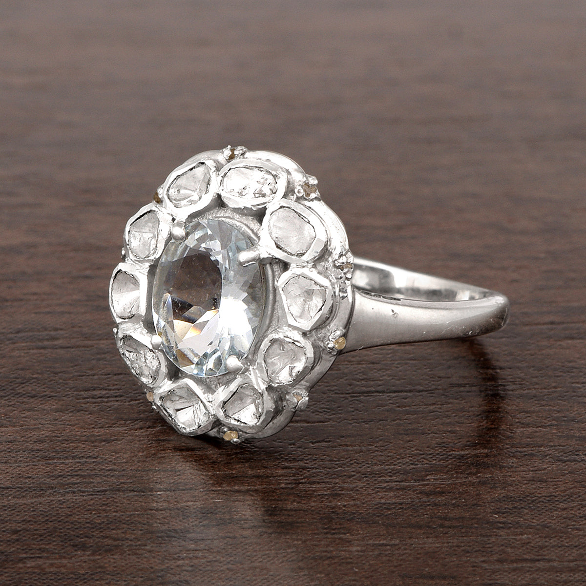 3.50 Ctw Aquamarine Oval Polki Diamond Floral Ring