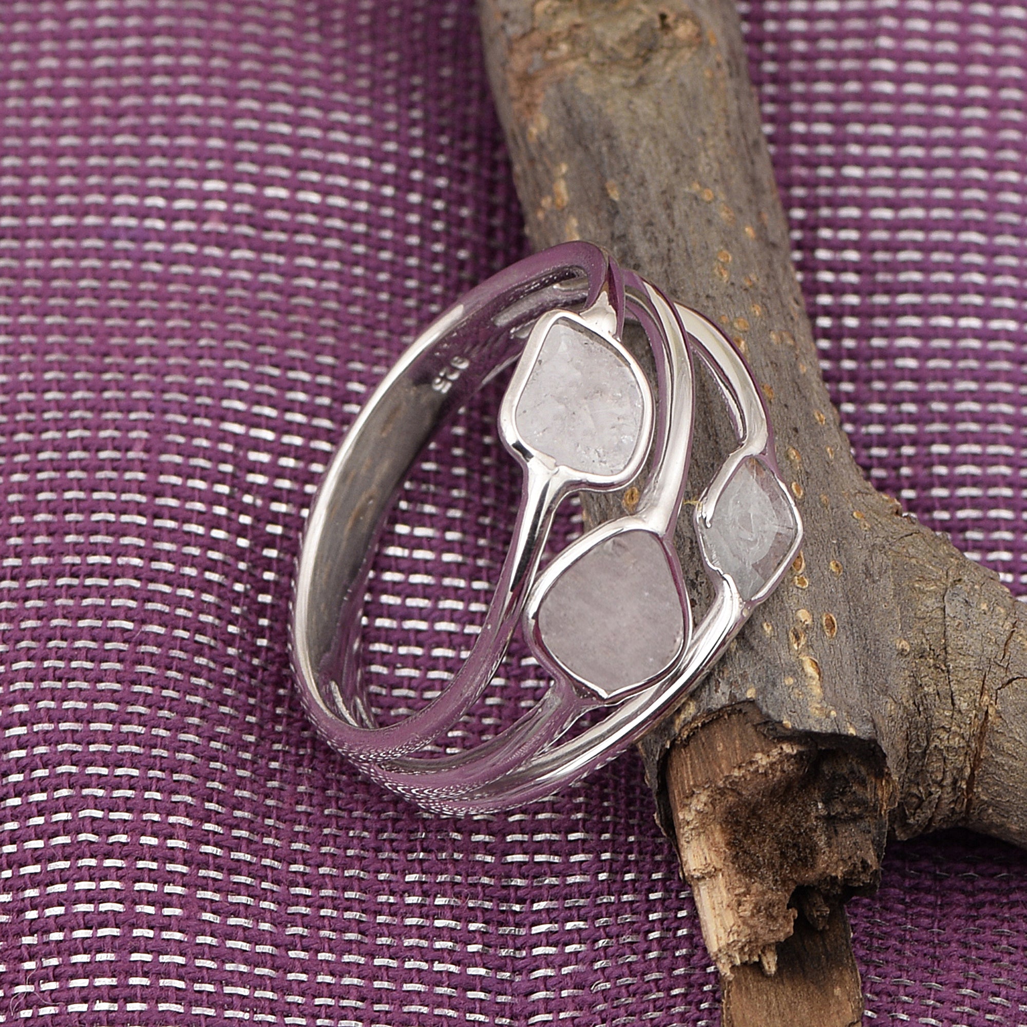 0.35 CTW Natural Diamond Polki Three Stone Multi Band Ring