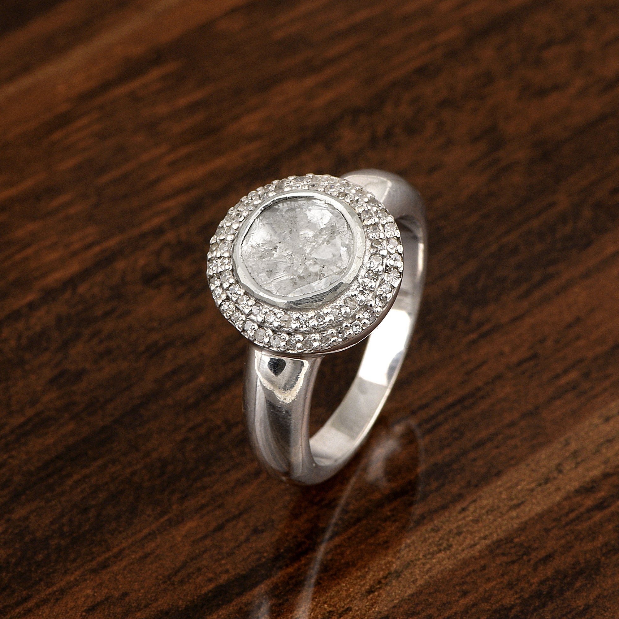 0.50 CTW Natural Slice Diamond Polki Solitaire Ring With Accents