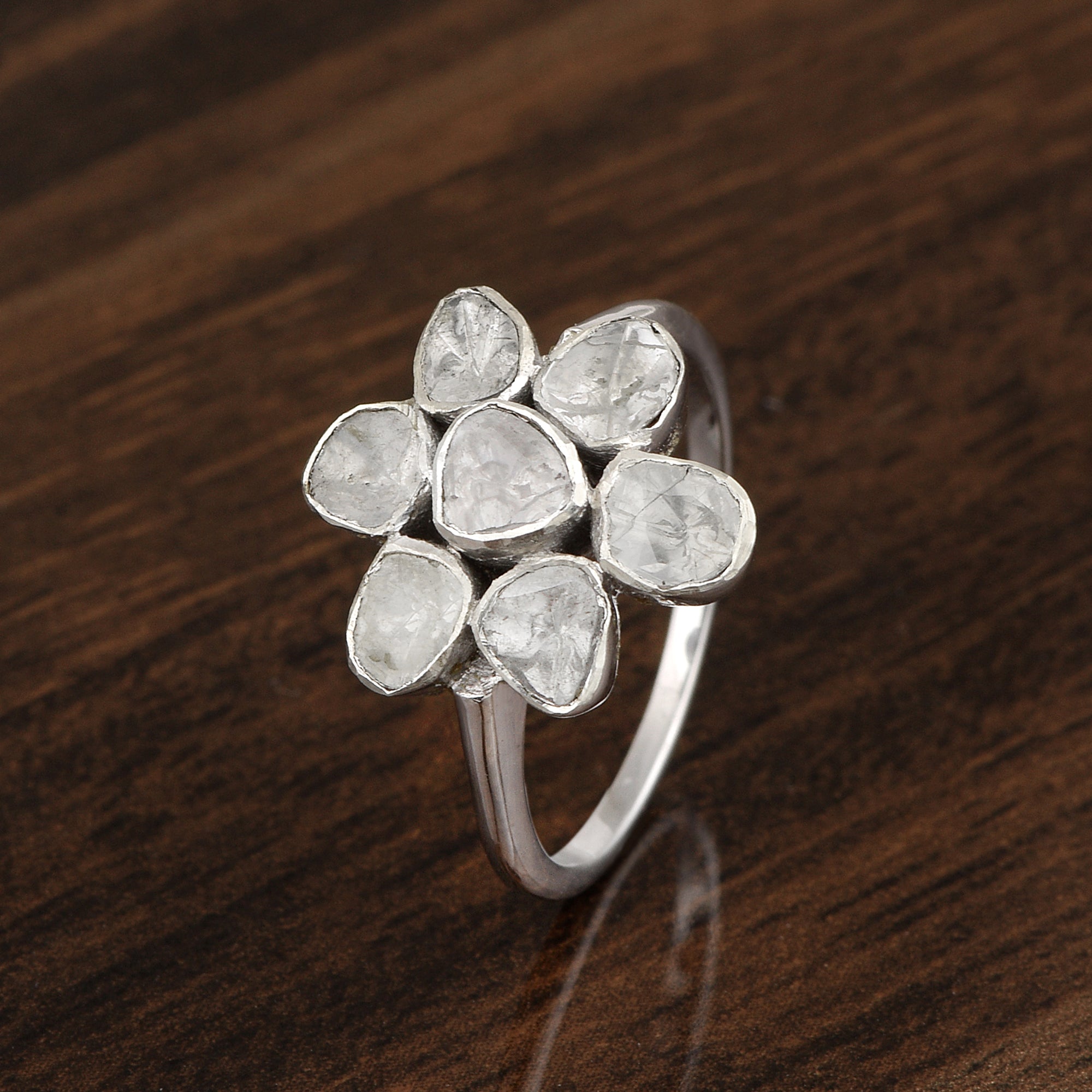 0.50 CTW Polki Diamond Floral 925 Sterling Silver Ring