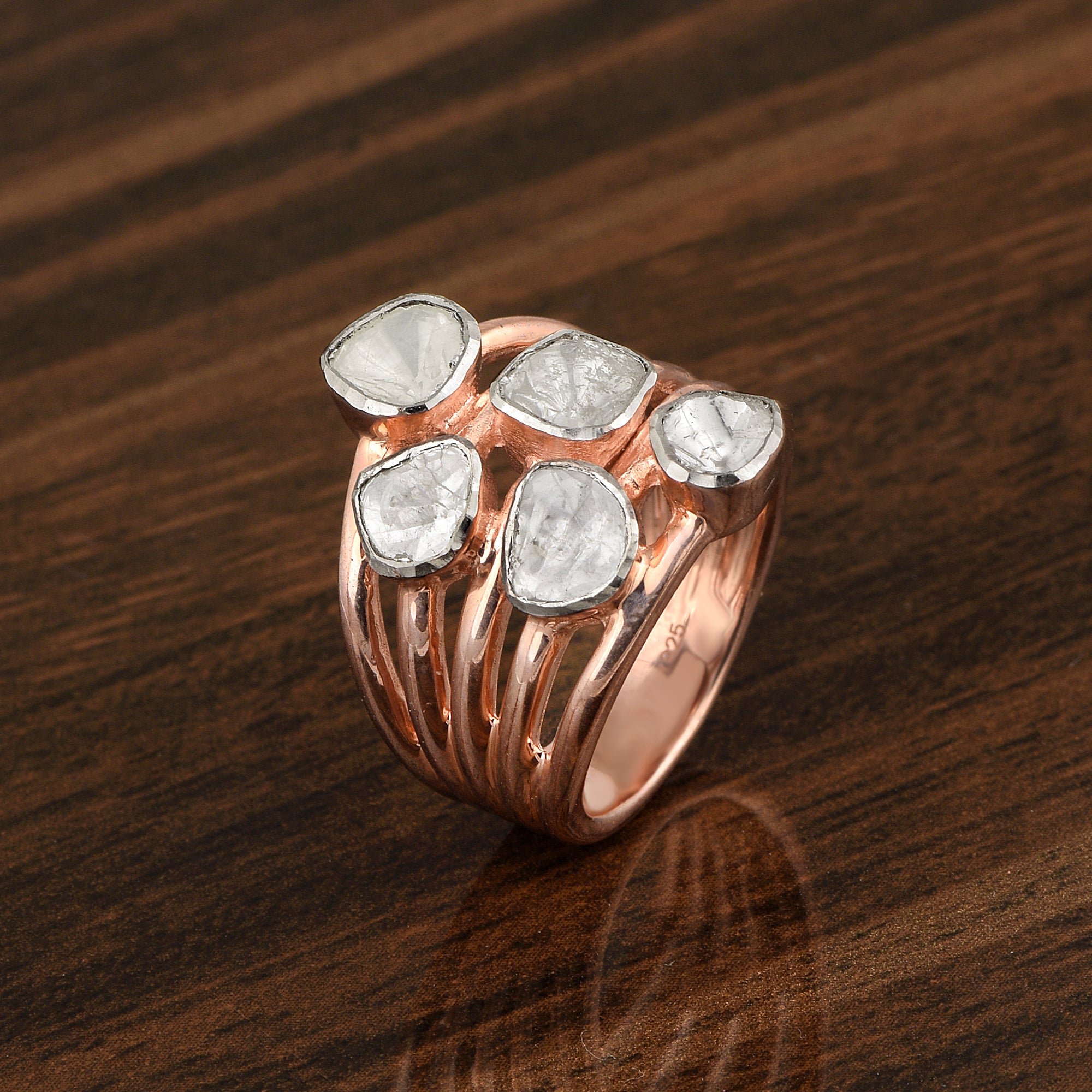 1.00 CTW Natural Diamond Polki Multi Band Ring 925 Sterling Silver 14K Rose Gold Plated