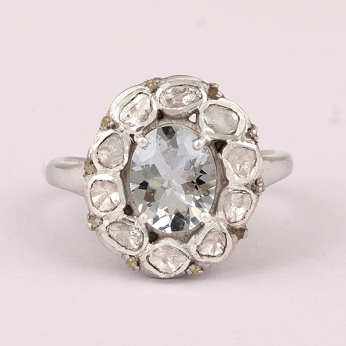 3.50 Ctw Aquamarine Oval Polki Diamond Floral Ring