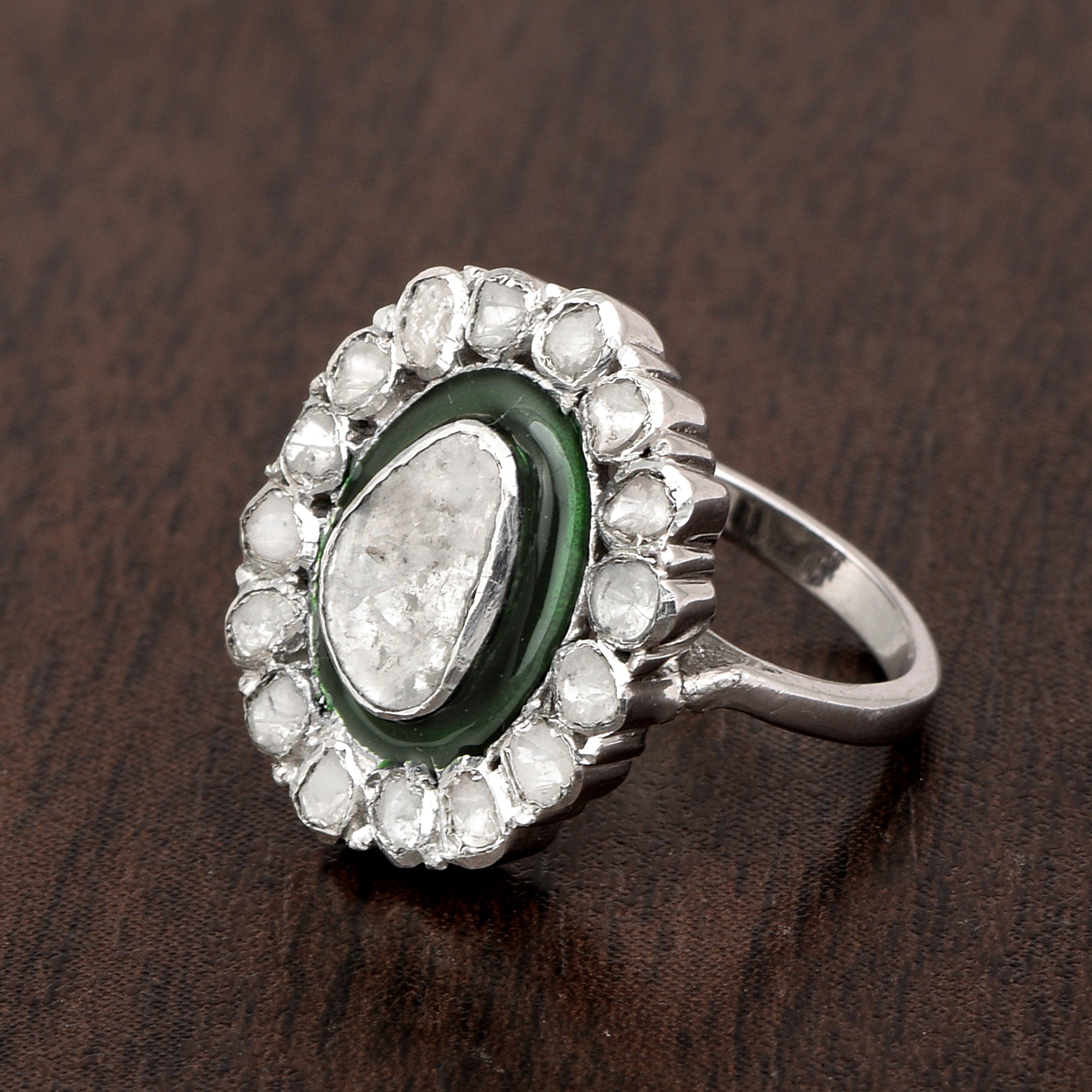 1.00 CTW Diamond Polki 925 Sterling Silver Green Enamel Engraved Cocktail Ring