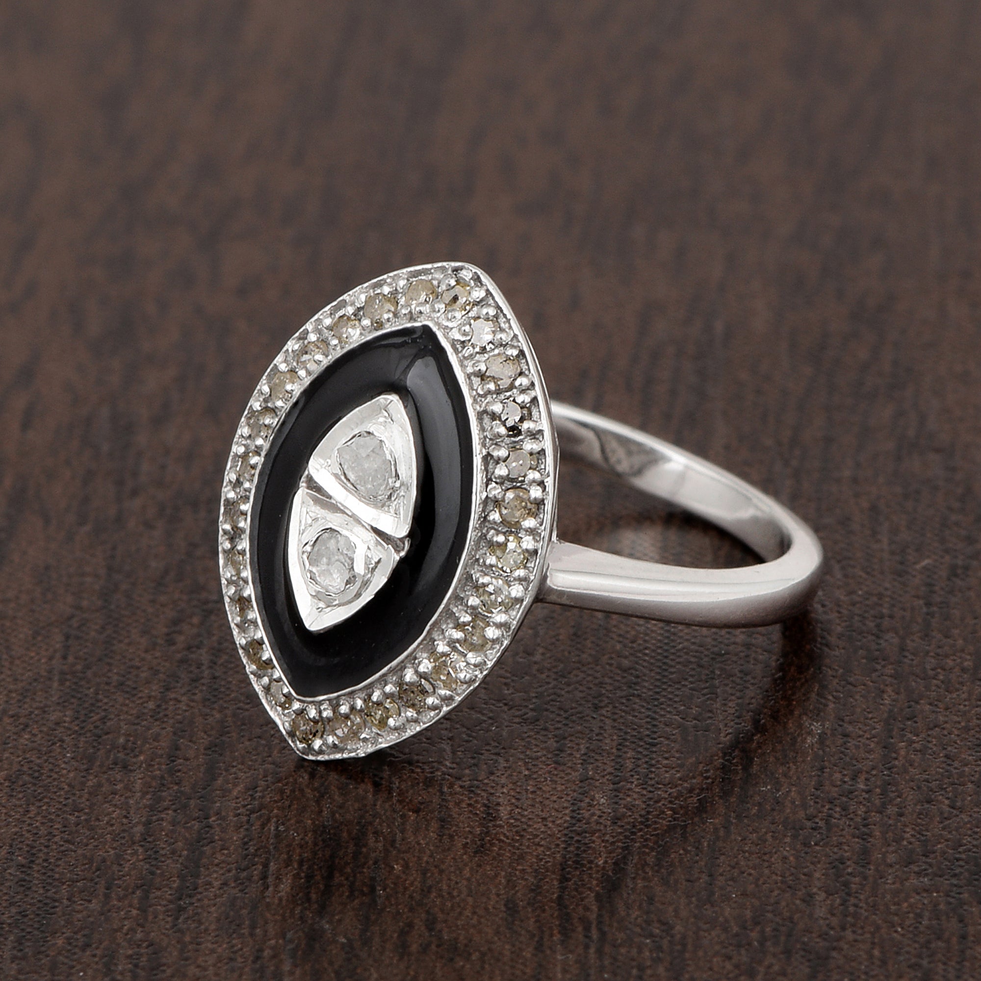 0.35 CTW Diamond Polki 925 Sterling Silver Black Enamel Cocktail Ring