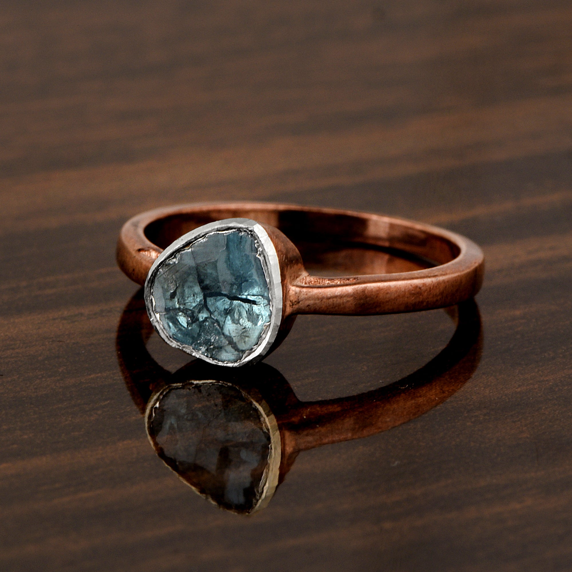 0.25 CTW Natural Blue Diamond Polki Solitaire Handmade Women Ring, 14K Rose Gold Plated