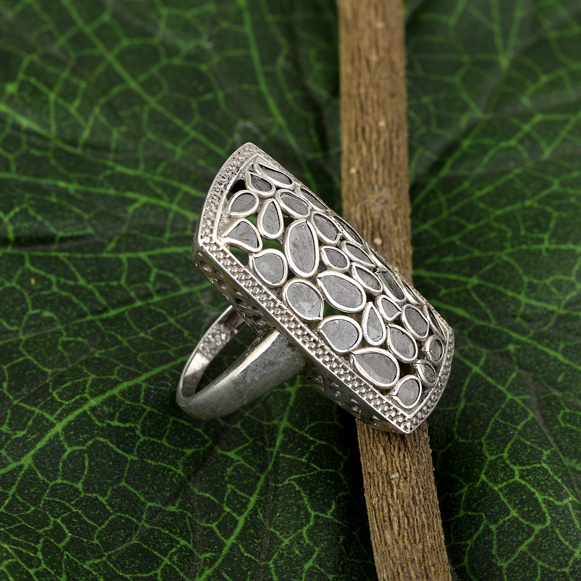 2.00 CTW Finest Natural Cluster Setting Diamond Polki Cocktail Handmade Ring