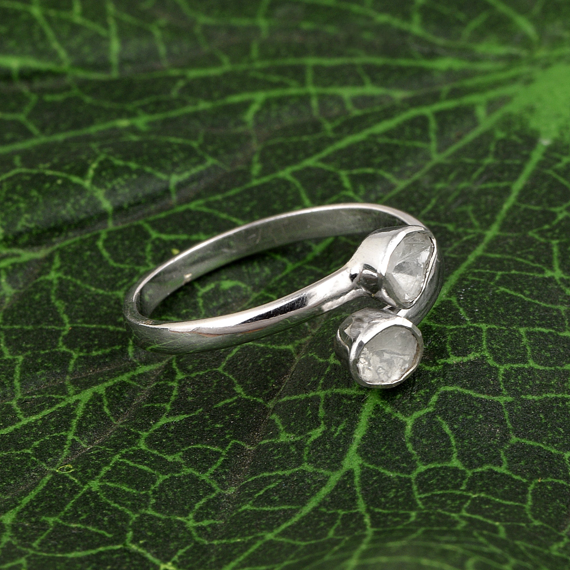 0.35 CTW Natural Slice Polki Diamond Bypass Women Ring 925 Sterling Silver