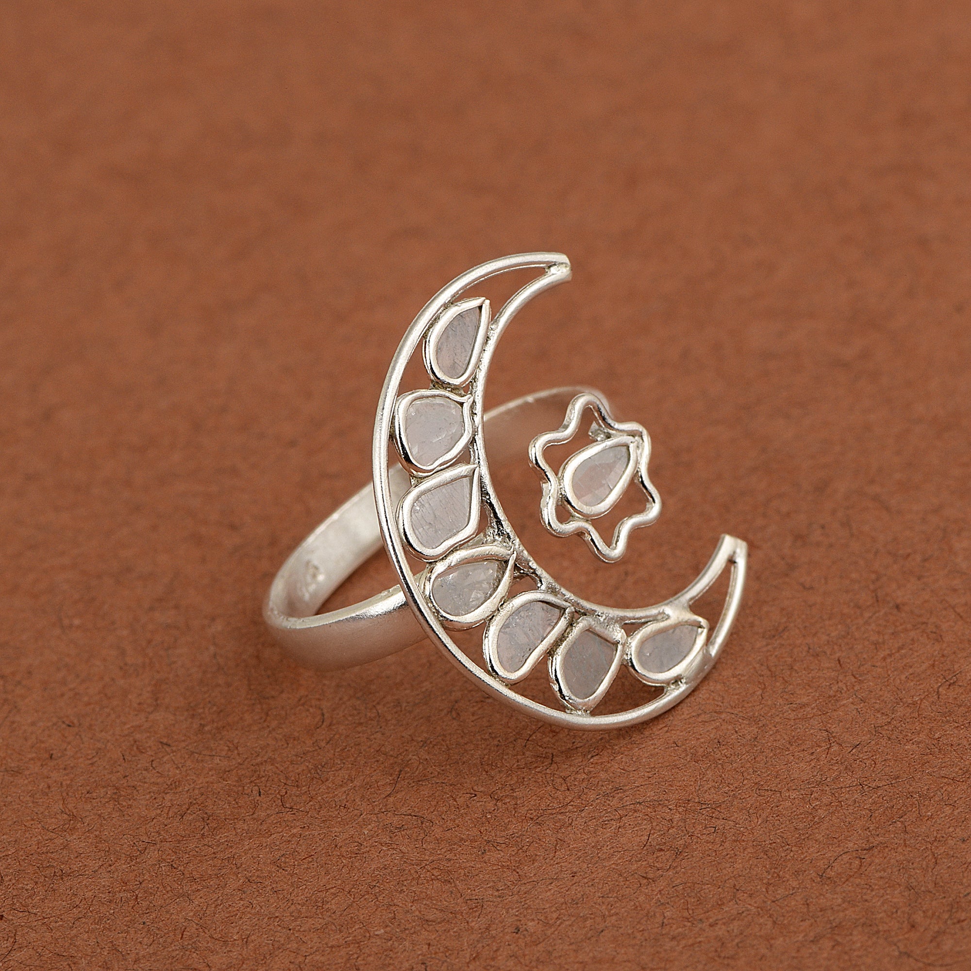 0.35 CTW Indian Artisan Crafted Polki Diamond Moon Star Ring 925 Sterling Silver Platinum Plated