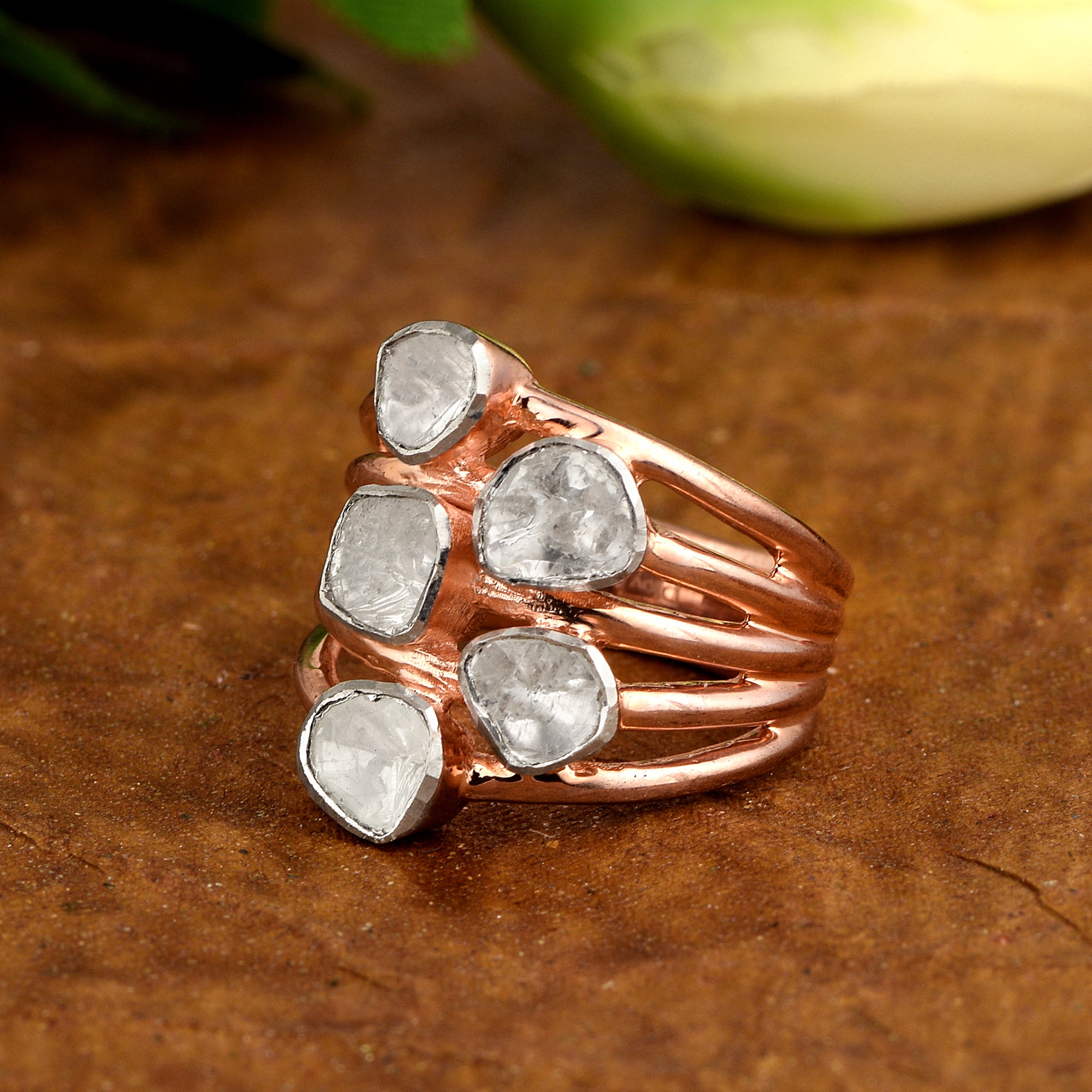 1.00 CTW Natural Diamond Polki Multi Band Ring 925 Sterling Silver 14K Rose Gold Plated