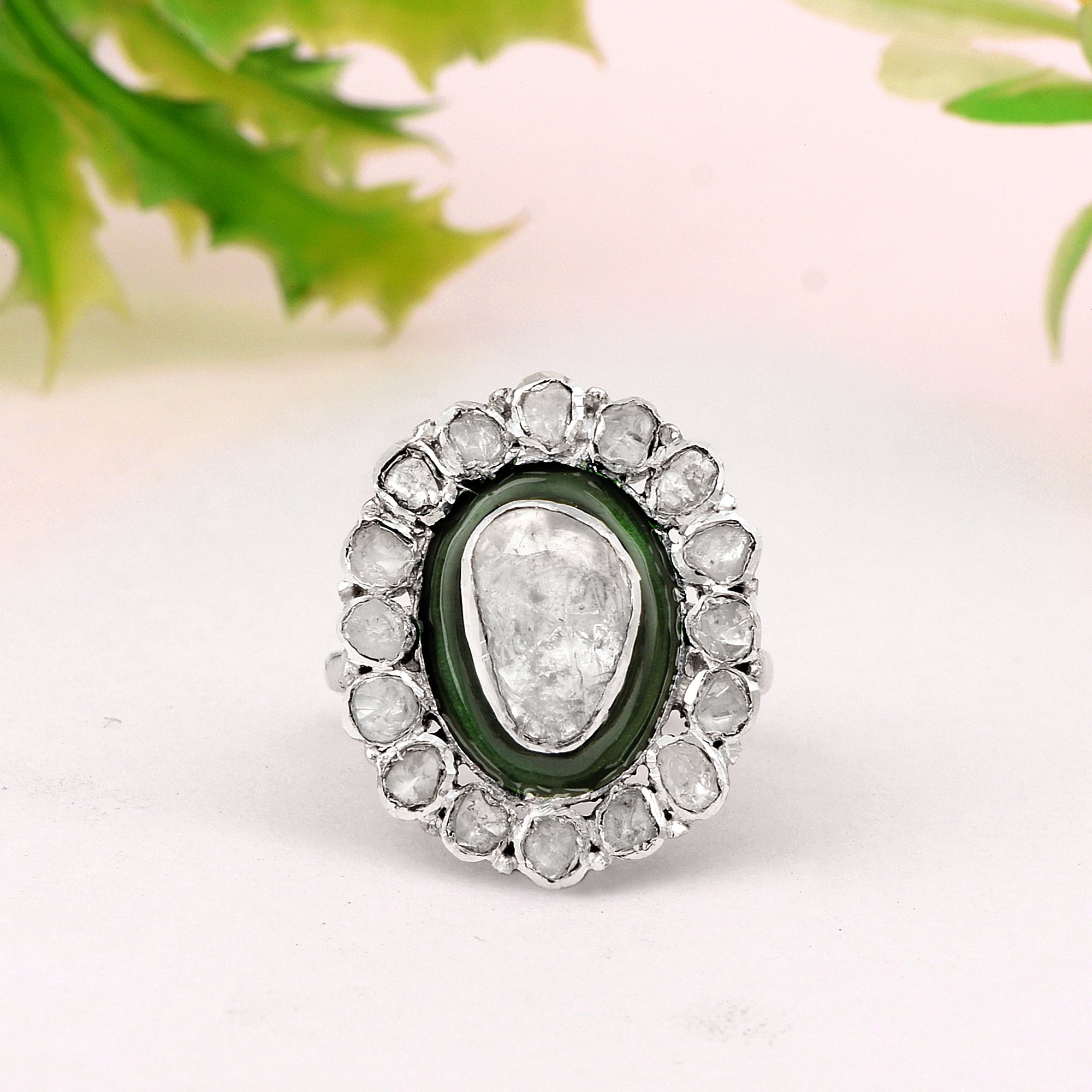 1.00 CTW Diamond Polki 925 Sterling Silver Green Enamel Engraved Cocktail Ring