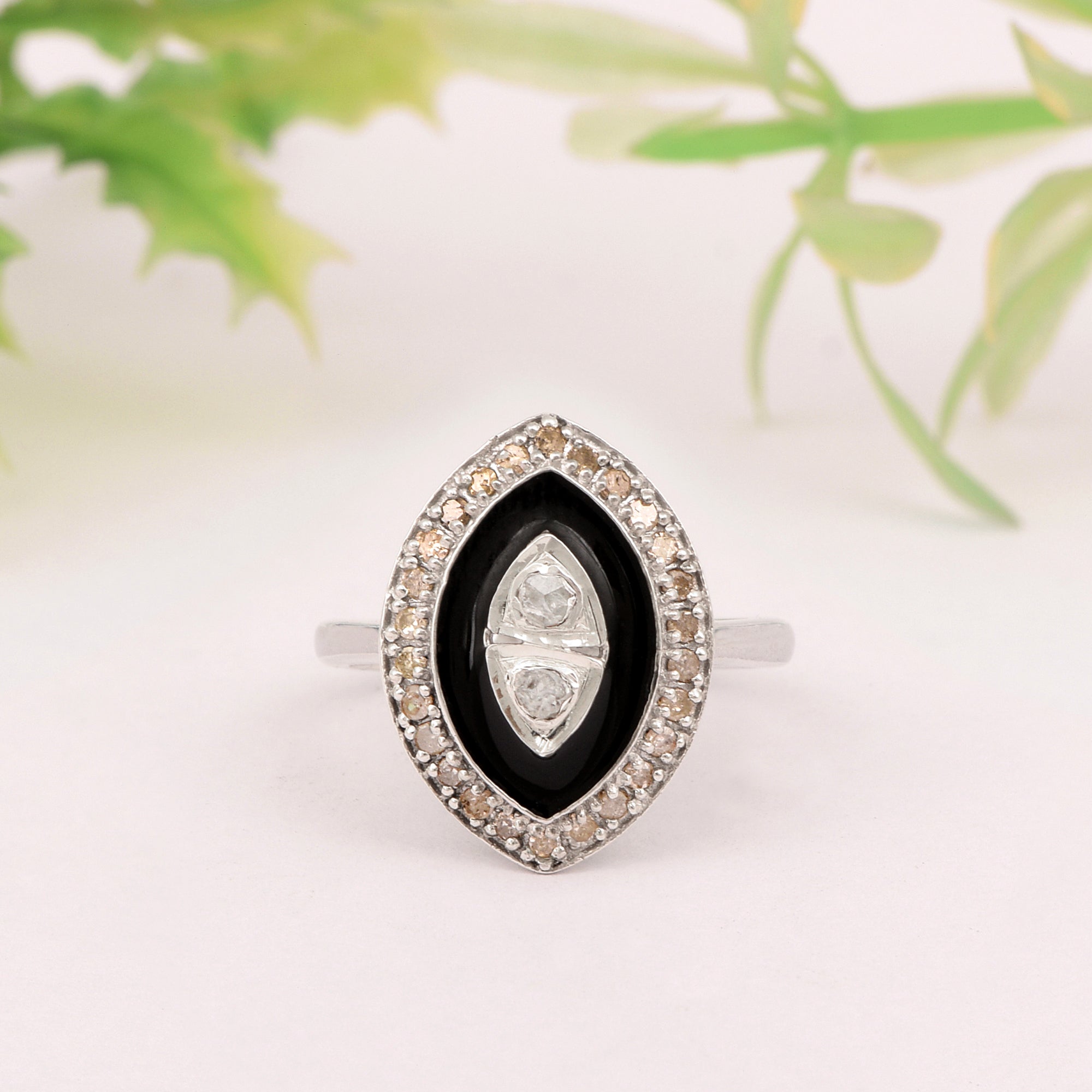 0.35 CTW Diamond Polki 925 Sterling Silver Black Enamel Cocktail Ring